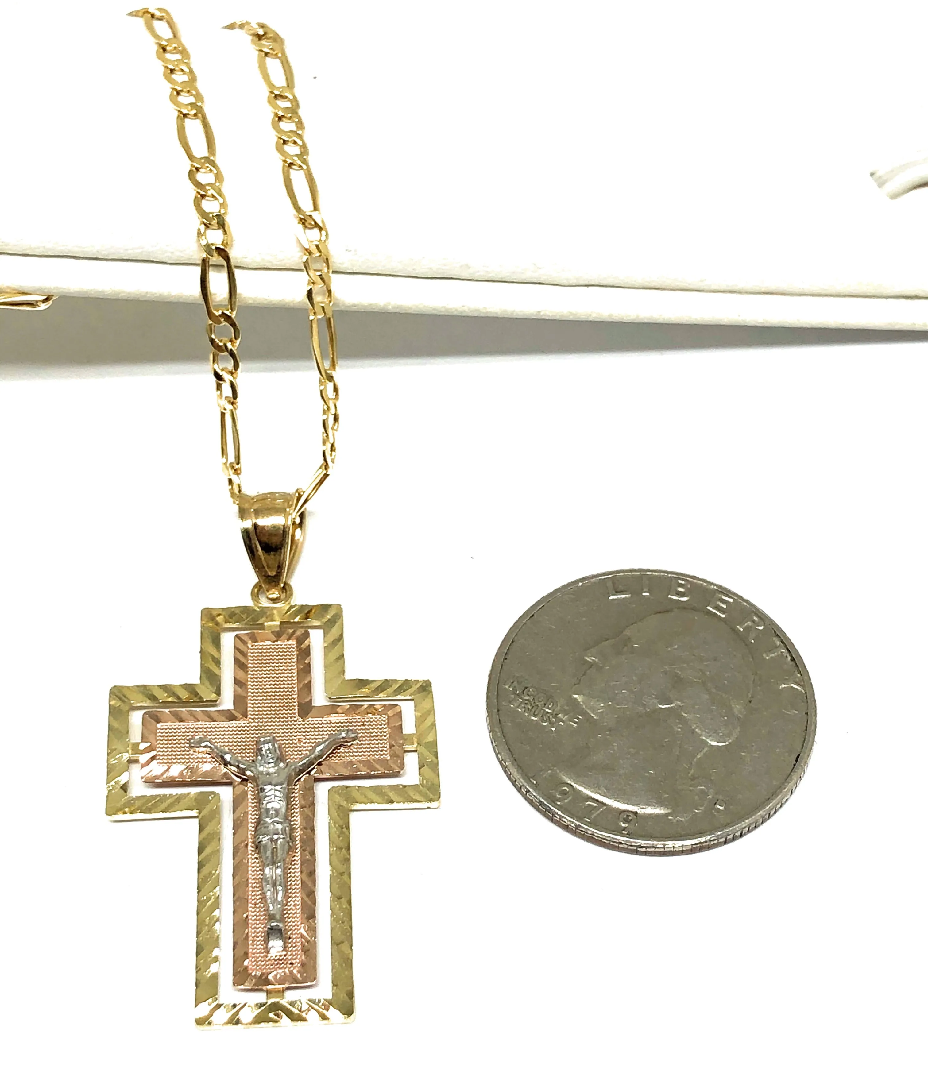 10k Solid Gold Tri-Color Jesus Cross Crucifix Pendant Necklace