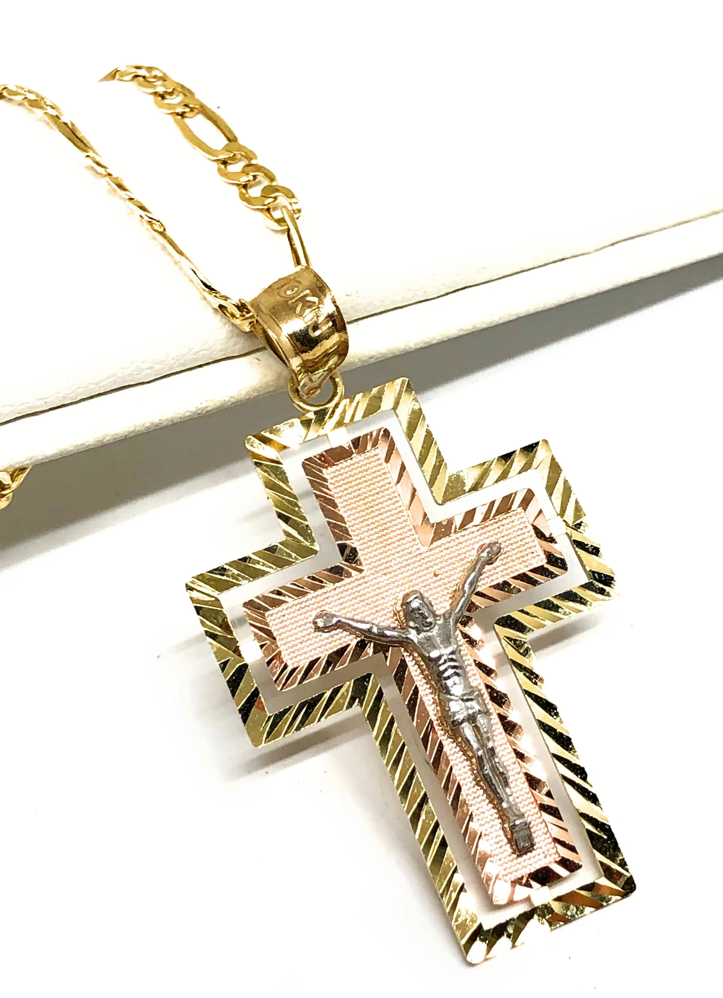 10k Solid Gold Tri-Color Jesus Cross Crucifix Pendant Necklace