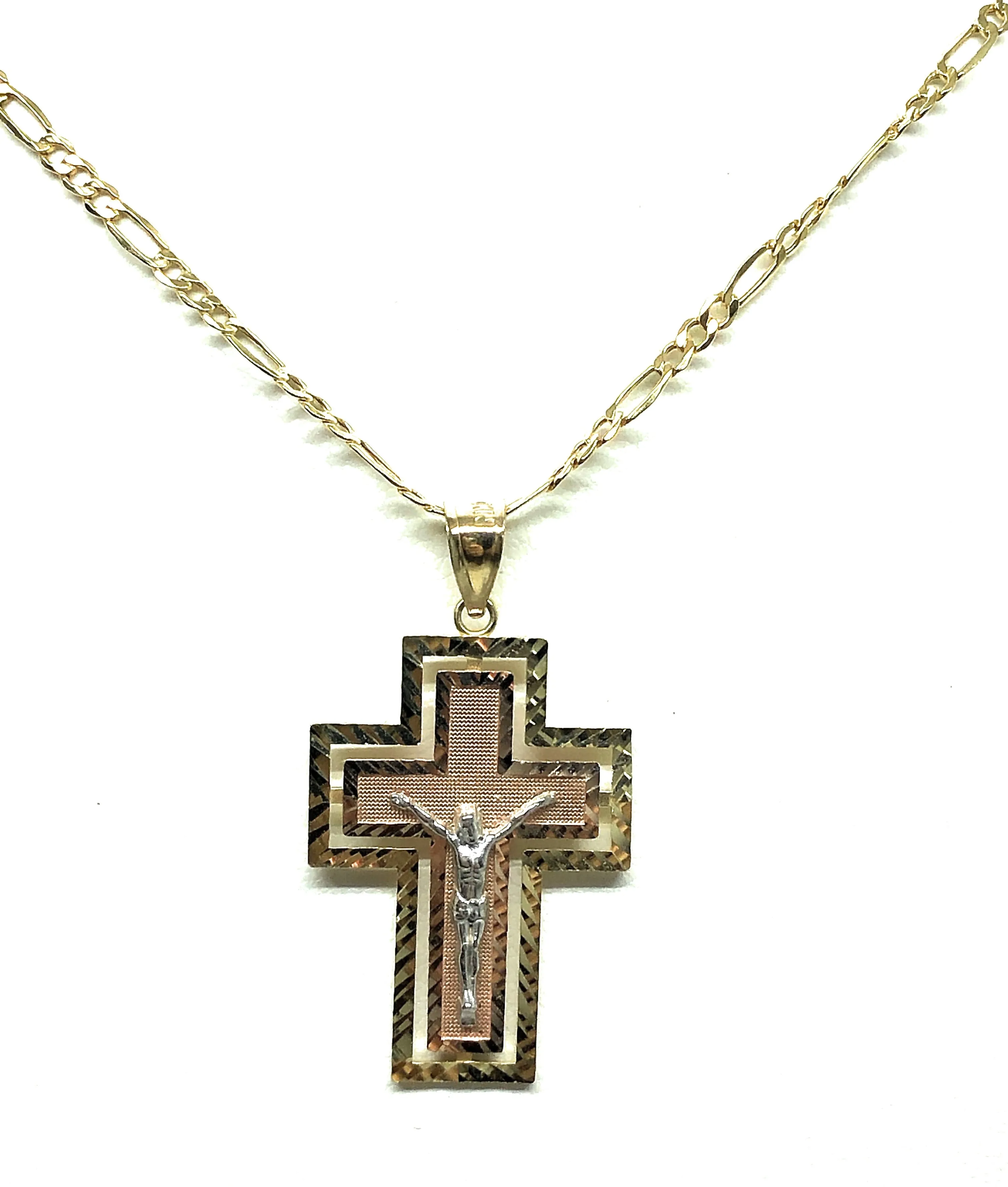 10k Solid Gold Tri-Color Jesus Cross Crucifix Pendant Necklace