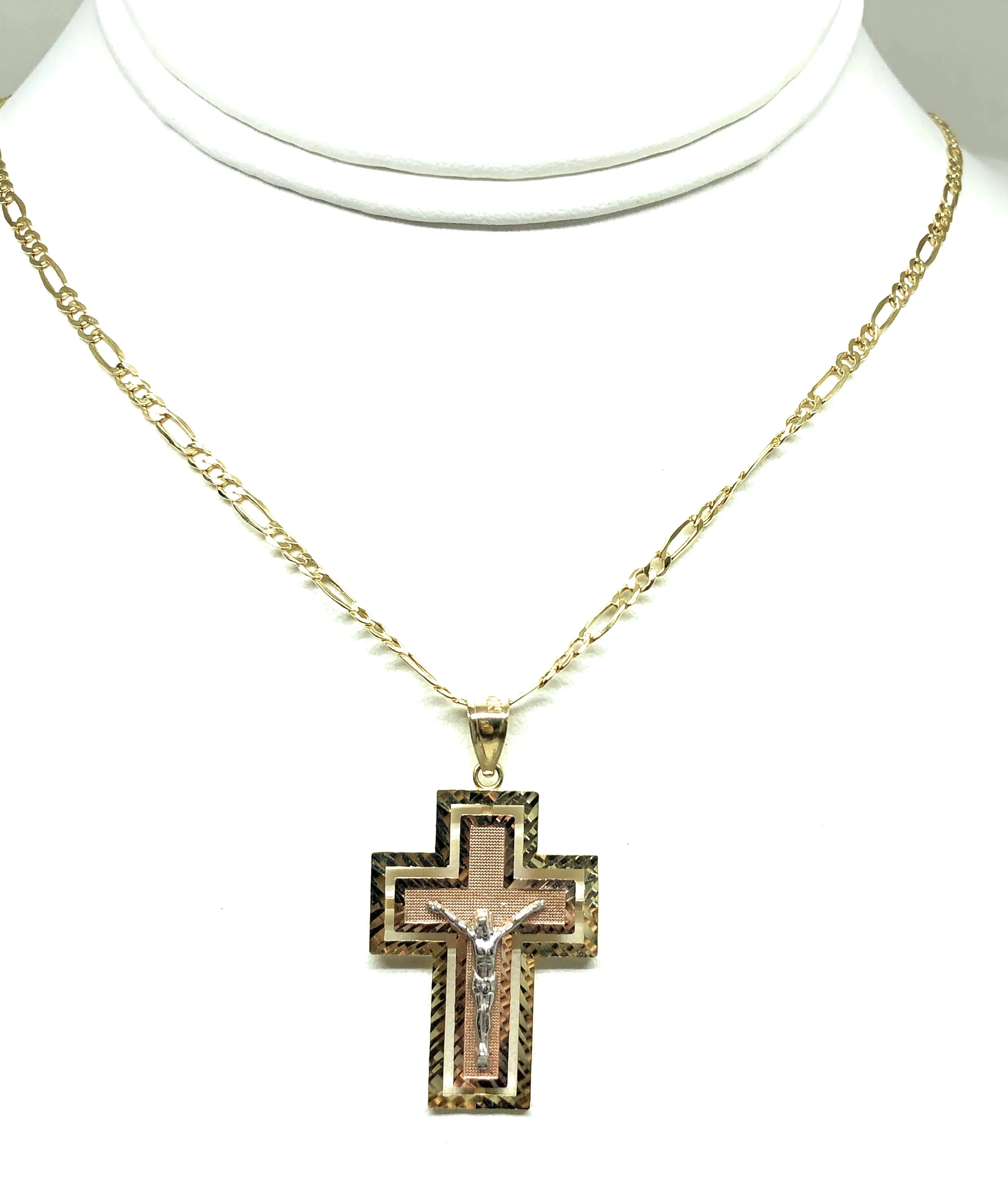 10k Solid Gold Tri-Color Jesus Cross Crucifix Pendant Necklace