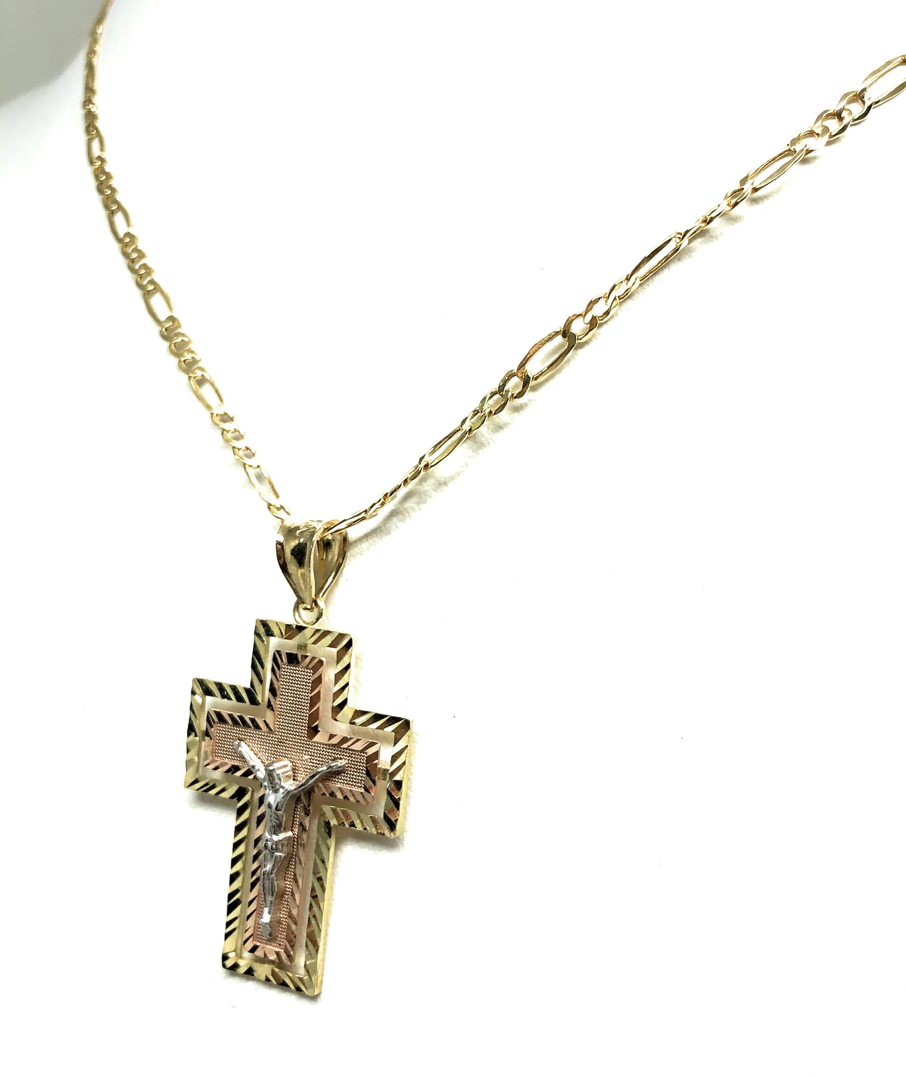 10k Solid Gold Tri-Color Jesus Cross Crucifix Pendant Necklace