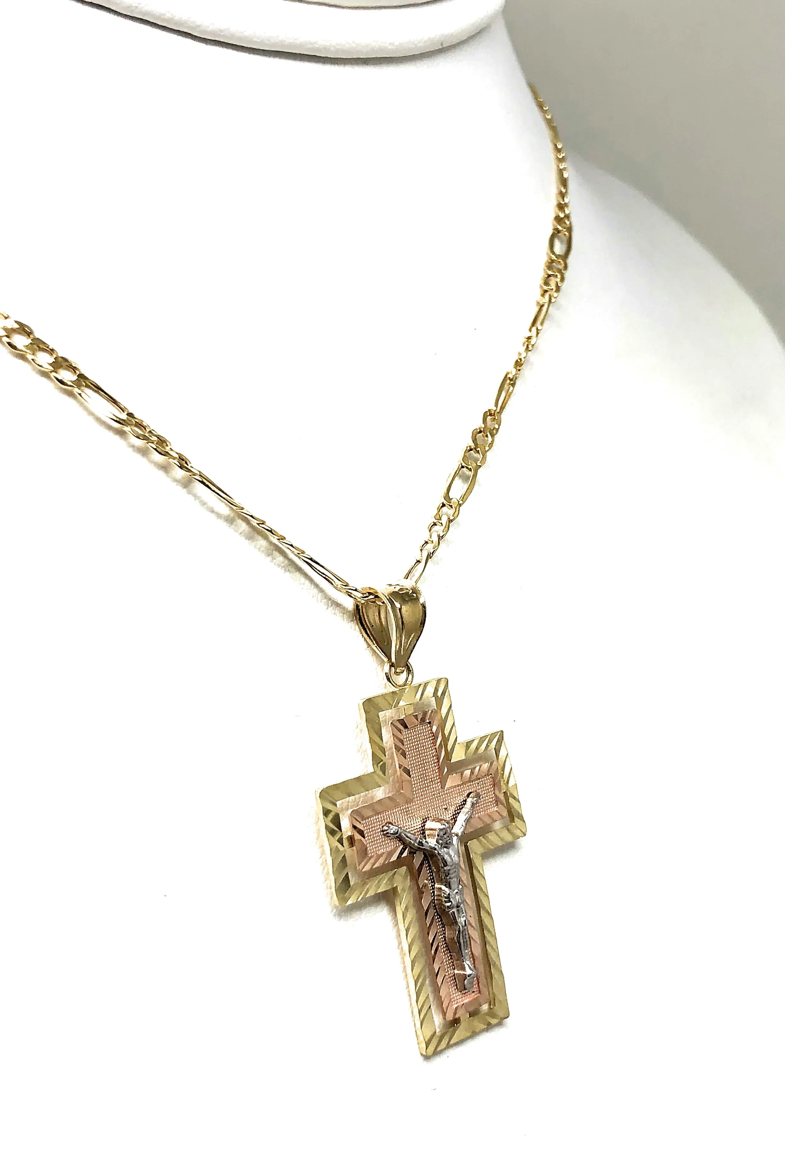 10k Solid Gold Tri-Color Jesus Cross Crucifix Pendant Necklace