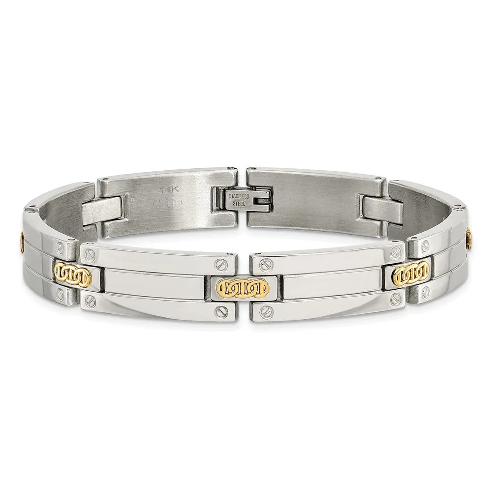 10mm Stainless Steel, 14K Yellow Gold Accent Link Bracelet, 8.5 Inch