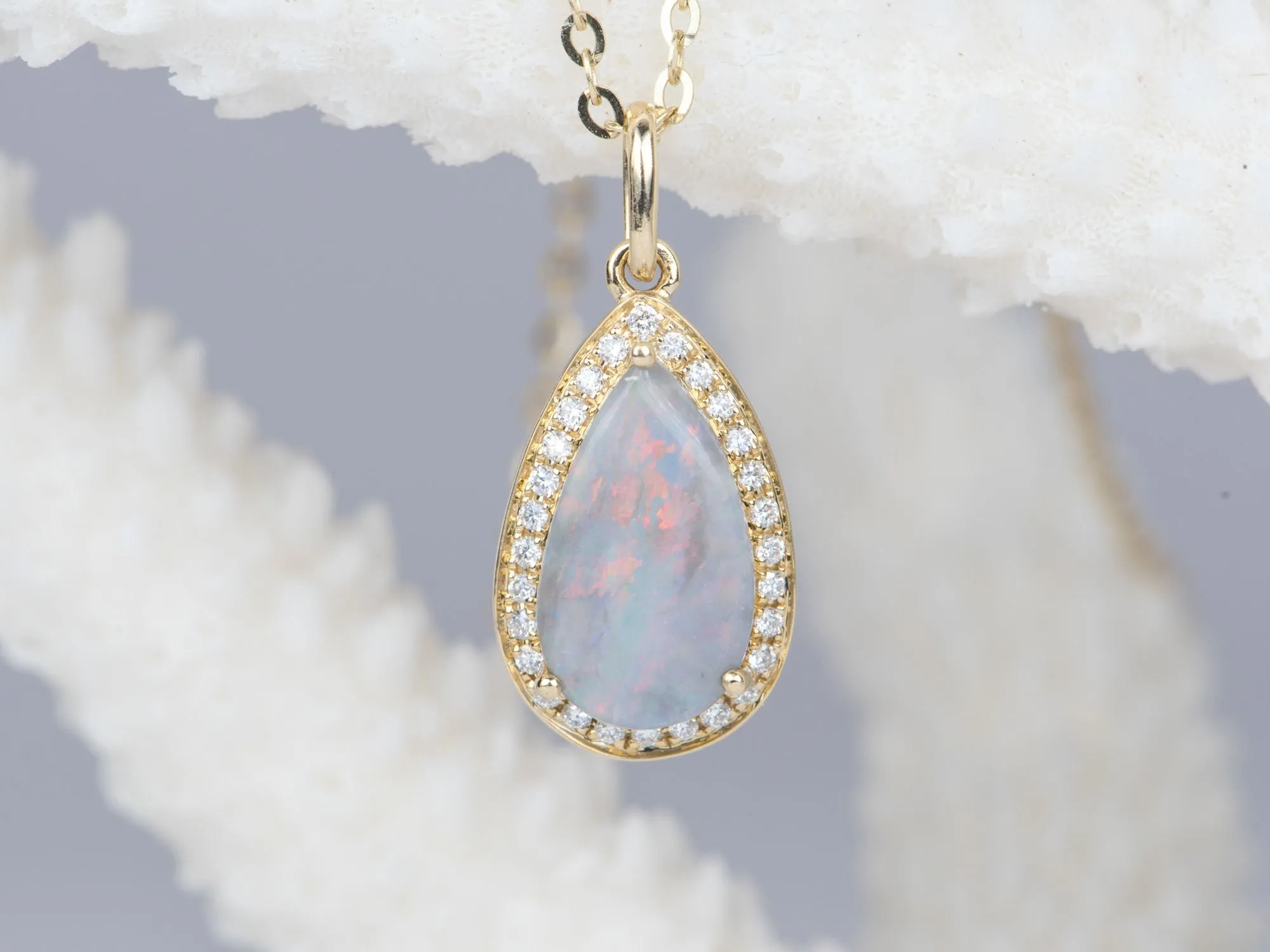 1.24ct Solid Australian Opal with Diamond Halo 14K Gold Pendant Charm R4157