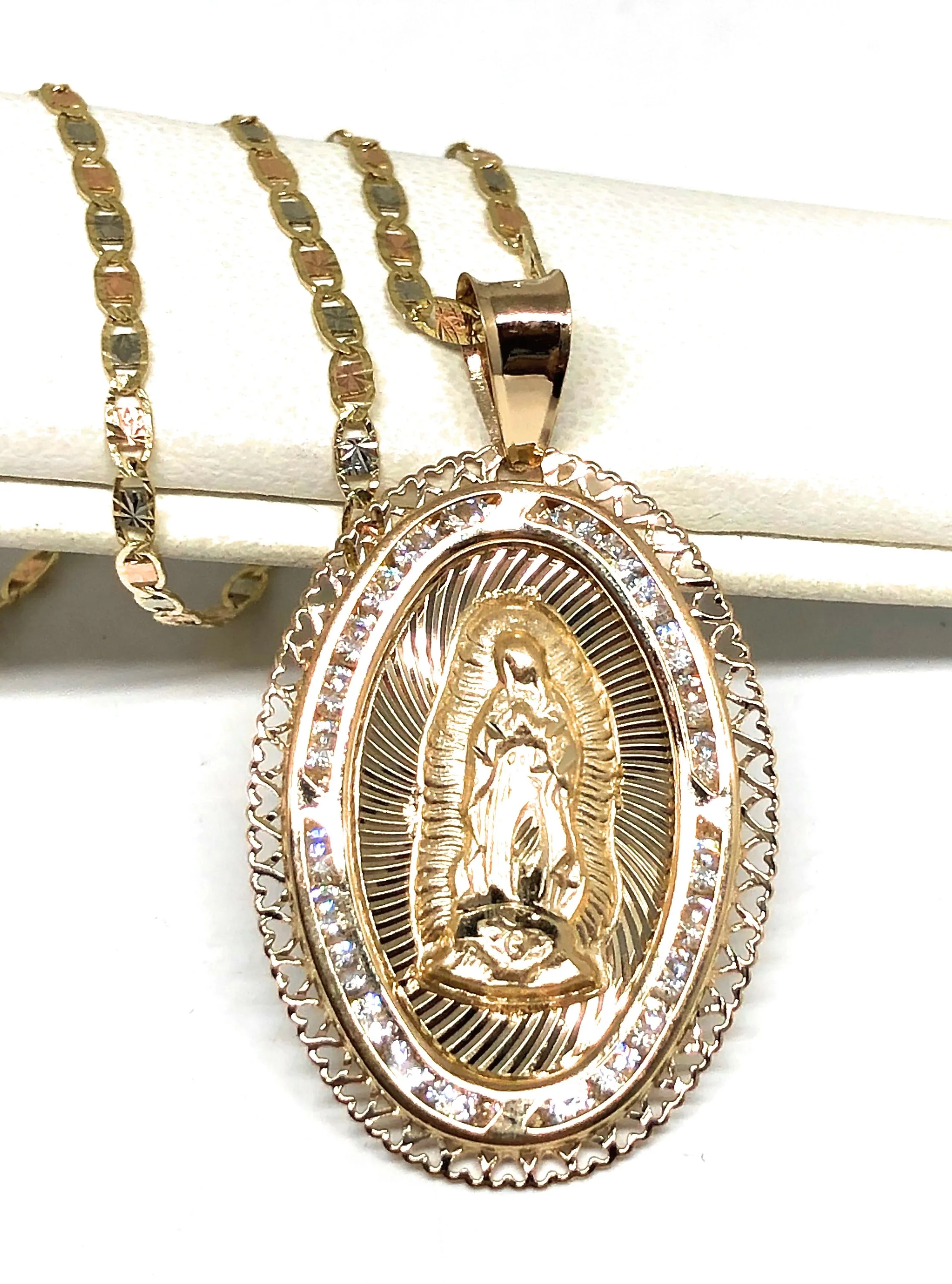 14k Solid Gold Tri-Color Virrgin Mary CZ Pendant Necklace Virrgen Gaudalupe Valentina Chain (LG)