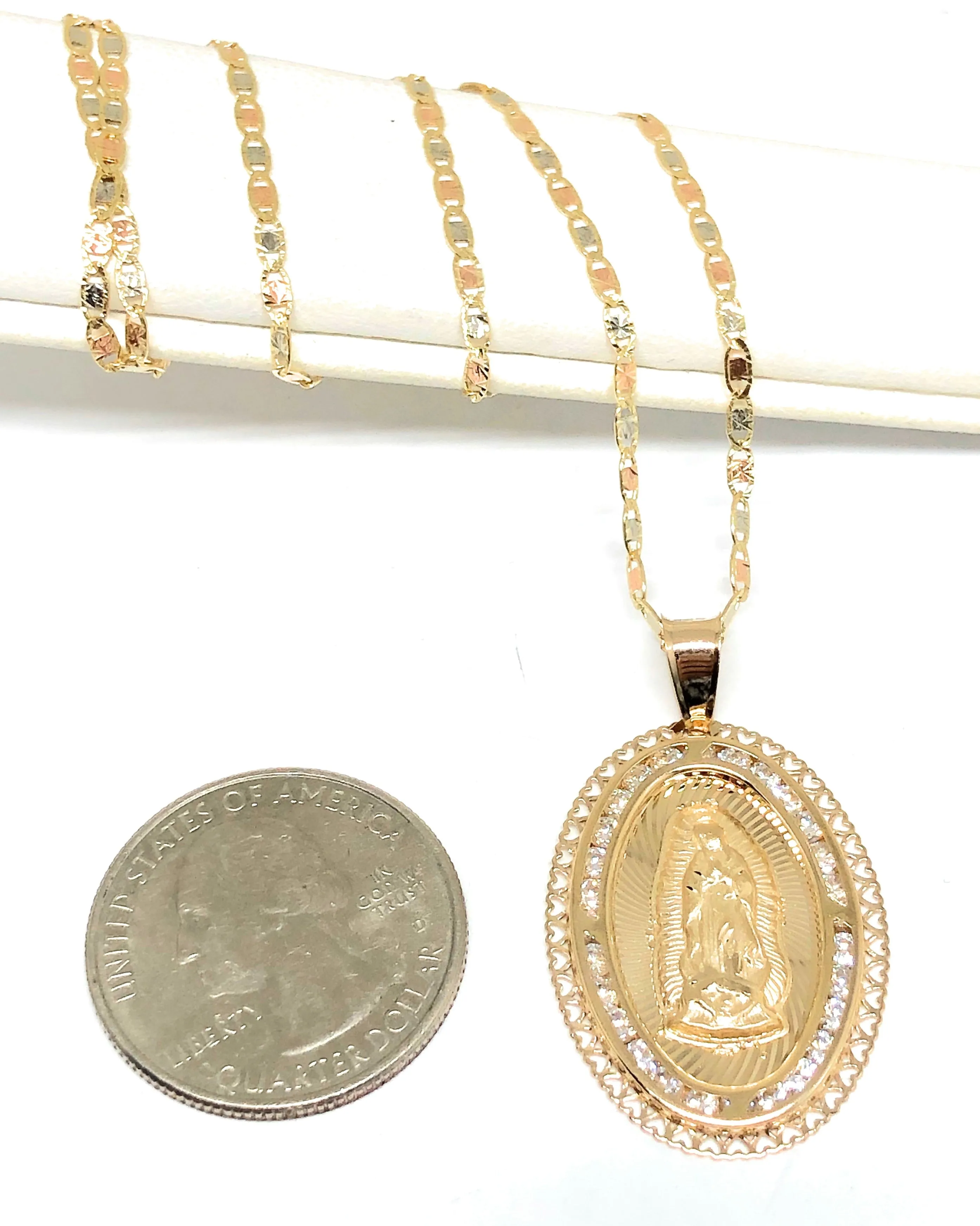 14k Solid Gold Tri-Color Virrgin Mary CZ Pendant Necklace Virrgen Gaudalupe Valentina Chain (LG)