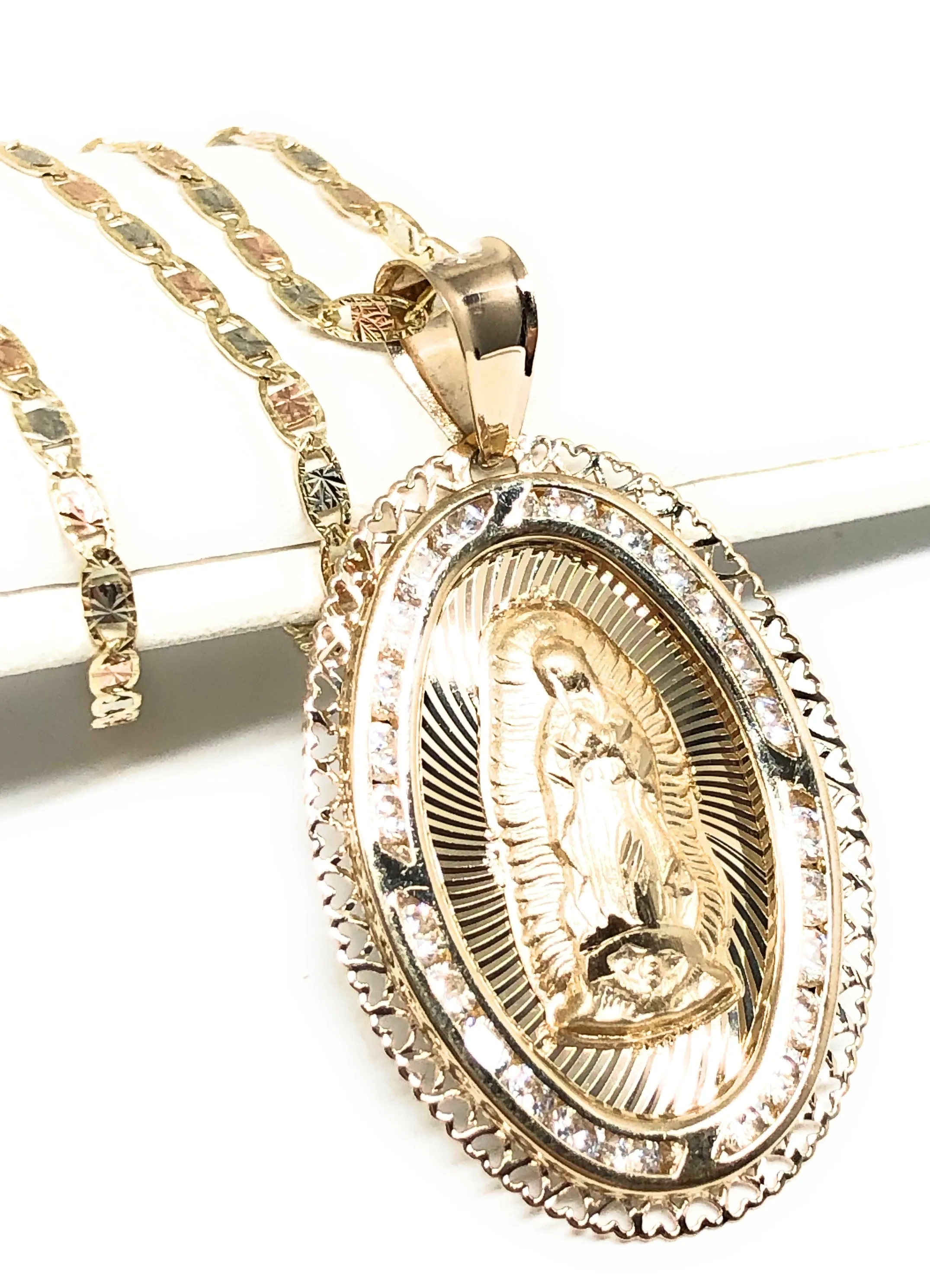 14k Solid Gold Tri-Color Virrgin Mary CZ Pendant Necklace Virrgen Gaudalupe Valentina Chain (LG)