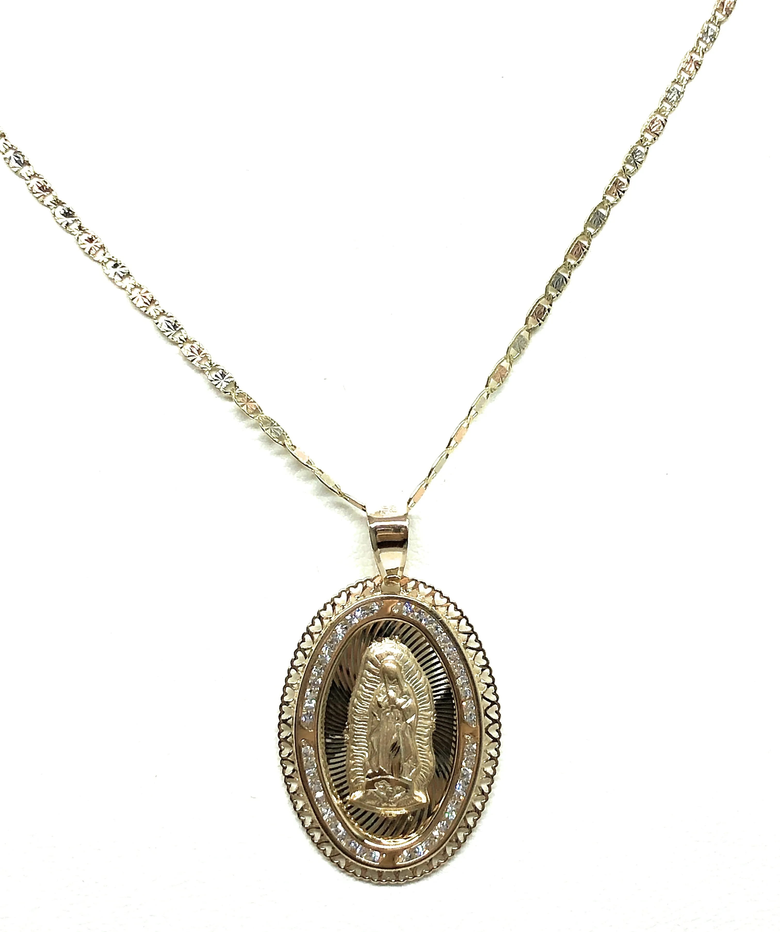 14k Solid Gold Tri-Color Virrgin Mary CZ Pendant Necklace Virrgen Gaudalupe Valentina Chain (LG)