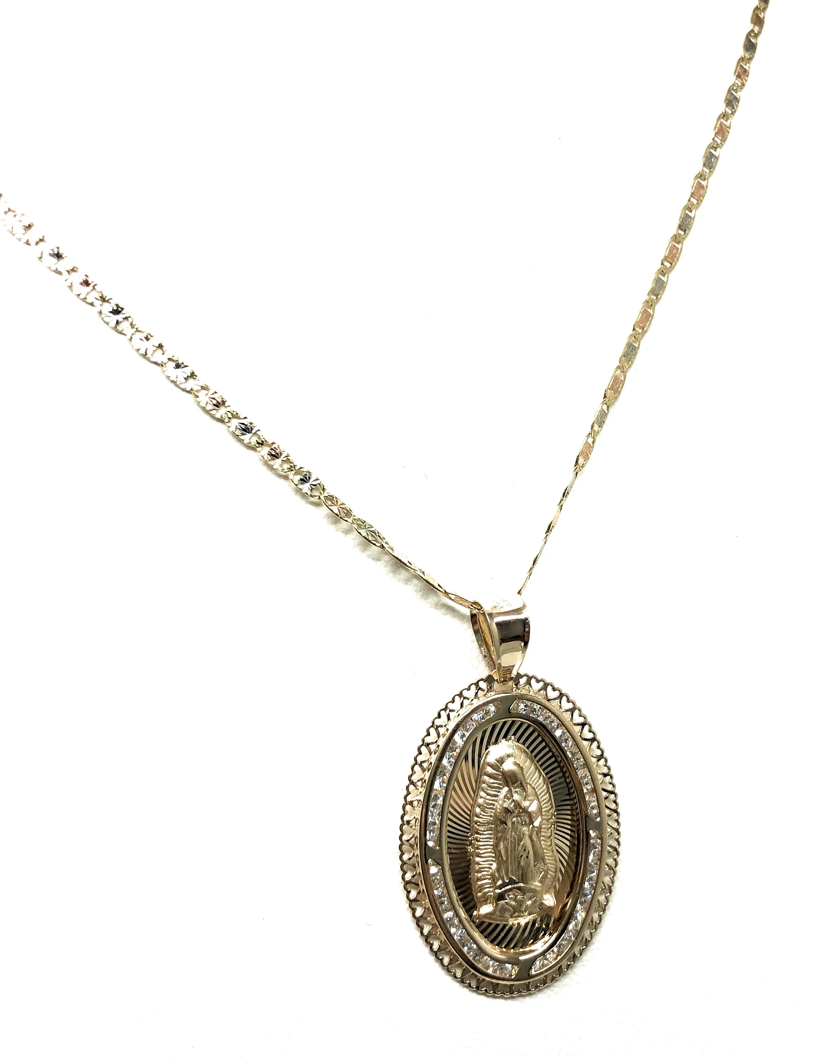 14k Solid Gold Tri-Color Virrgin Mary CZ Pendant Necklace Virrgen Gaudalupe Valentina Chain (LG)