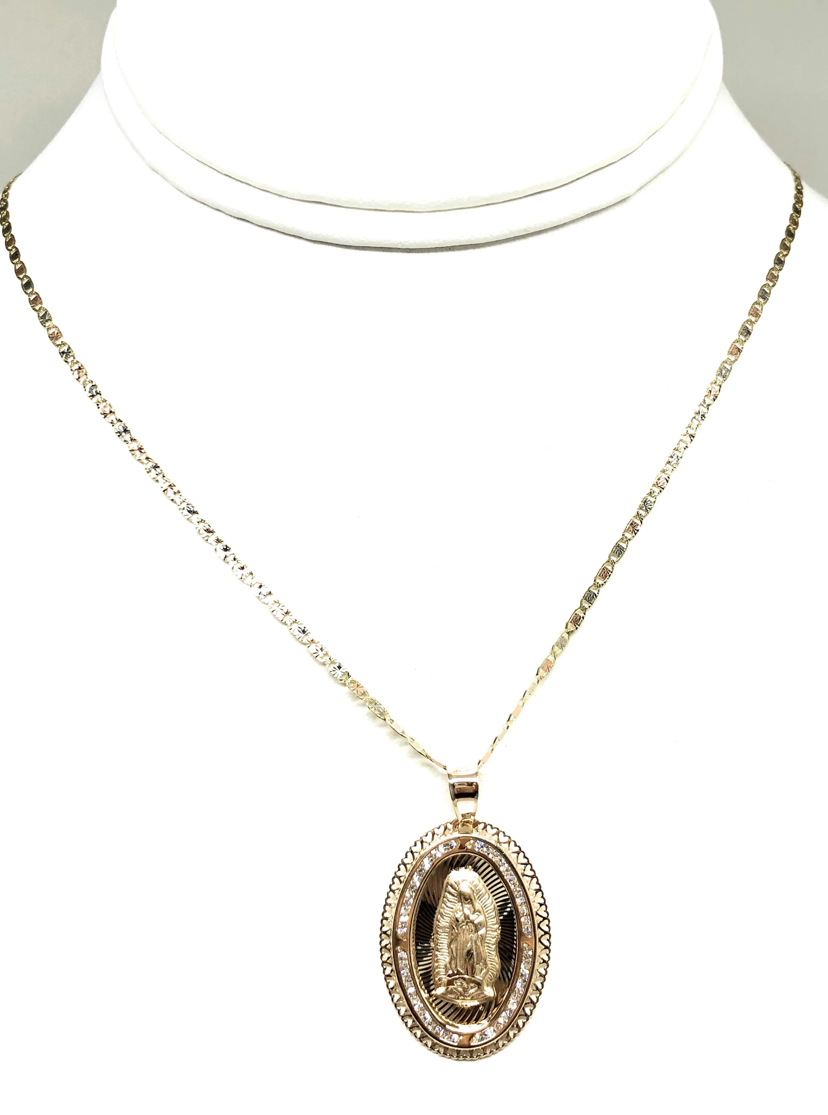 14k Solid Gold Tri-Color Virrgin Mary CZ Pendant Necklace Virrgen Gaudalupe Valentina Chain (LG)