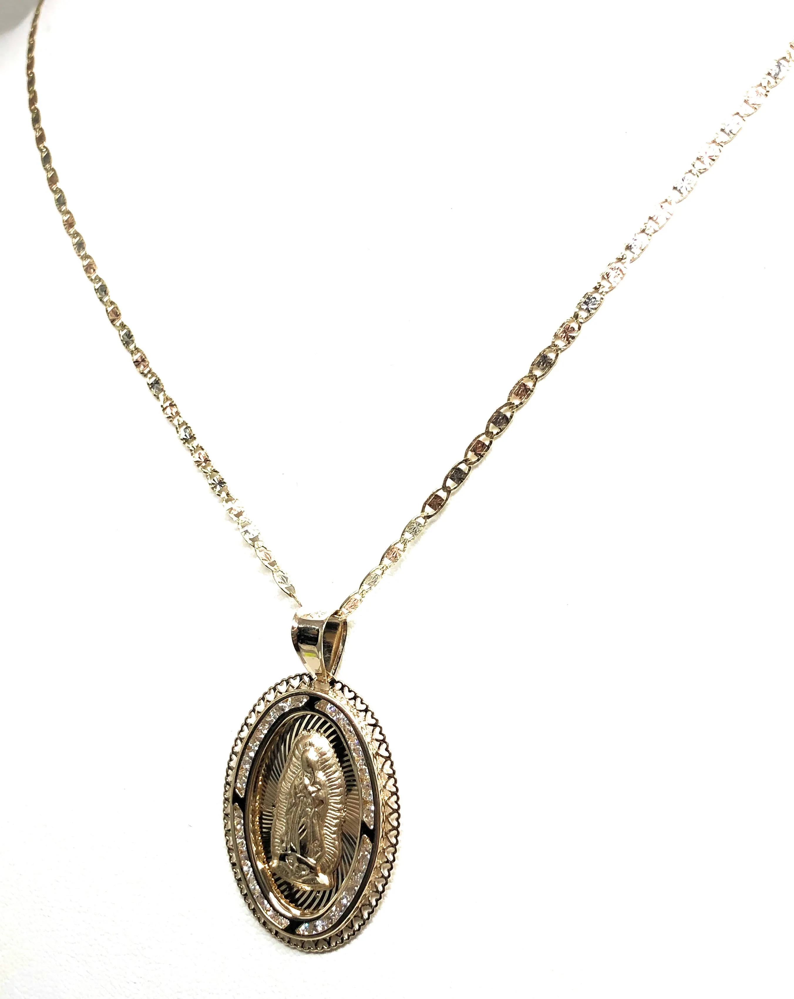 14k Solid Gold Tri-Color Virrgin Mary CZ Pendant Necklace Virrgen Gaudalupe Valentina Chain (LG)