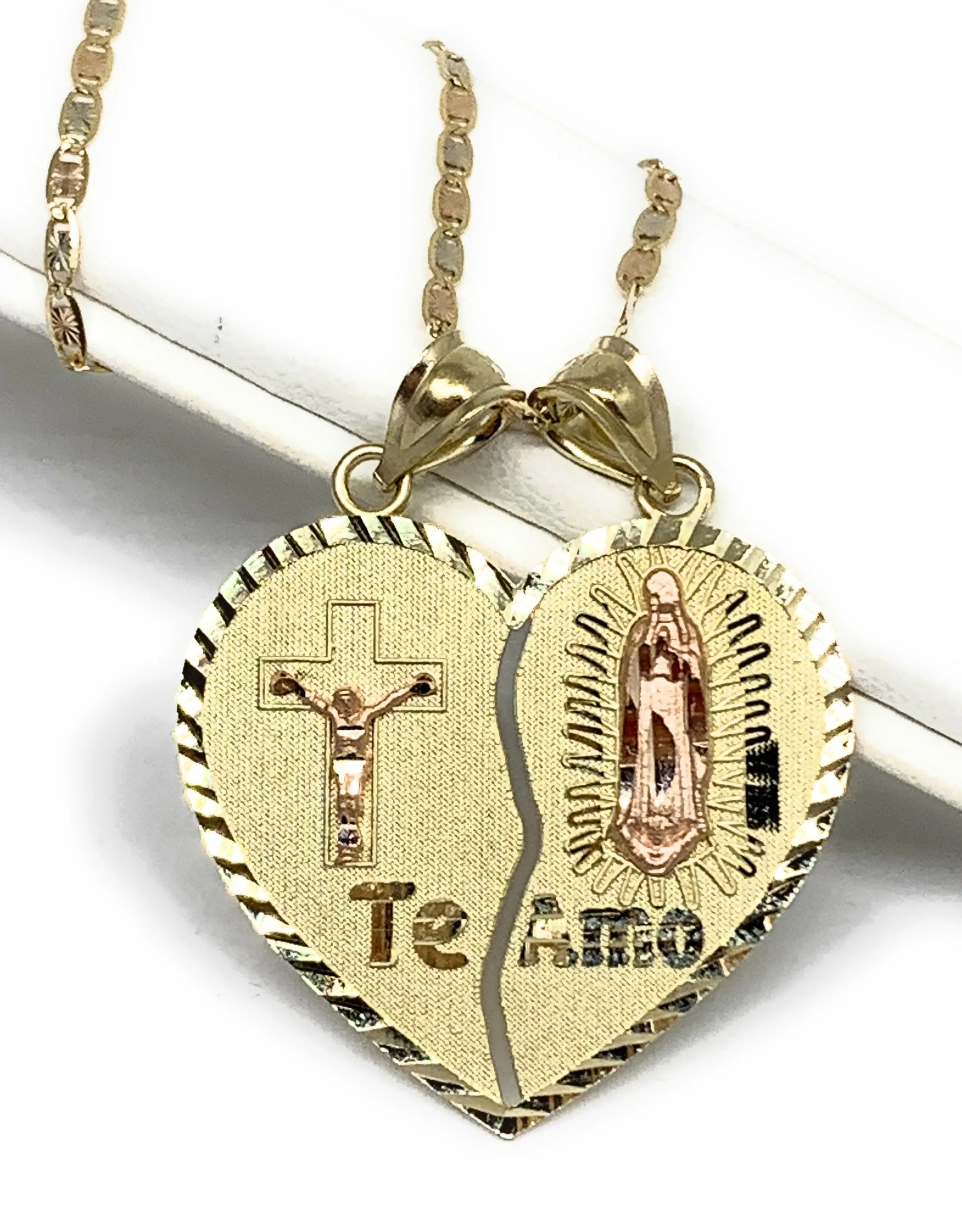 14k Solid Gold Yellow & Rose Gold Virrgin Mary Jesus Cristo Te Amo Heart Split Pendant (LG,MED)