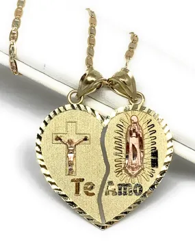 14k Solid Gold Yellow & Rose Gold Virrgin Mary Jesus Cristo Te Amo Heart Split Pendant (LG,MED)