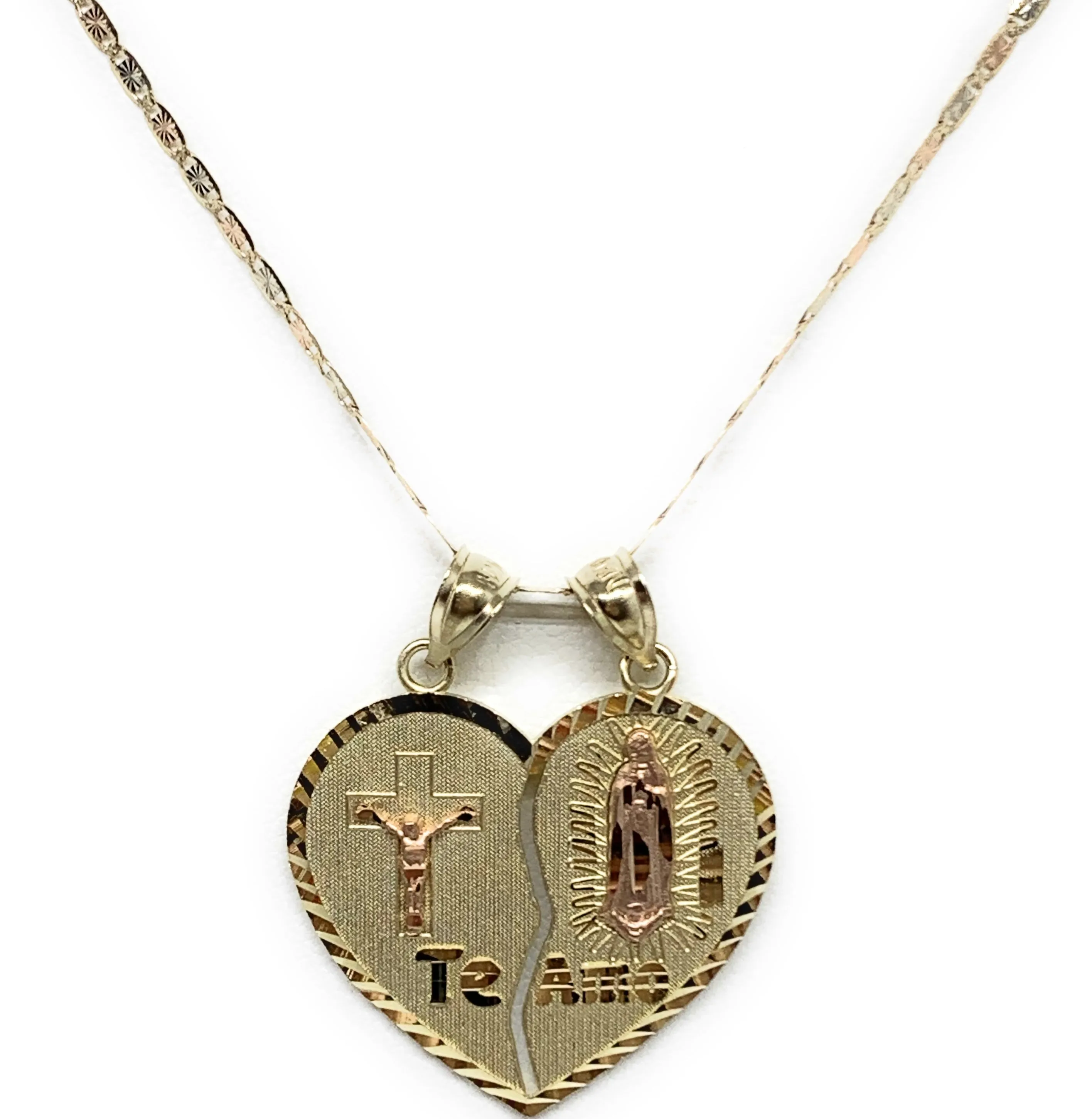 14k Solid Gold Yellow & Rose Gold Virrgin Mary Jesus Cristo Te Amo Heart Split Pendant (LG,MED)