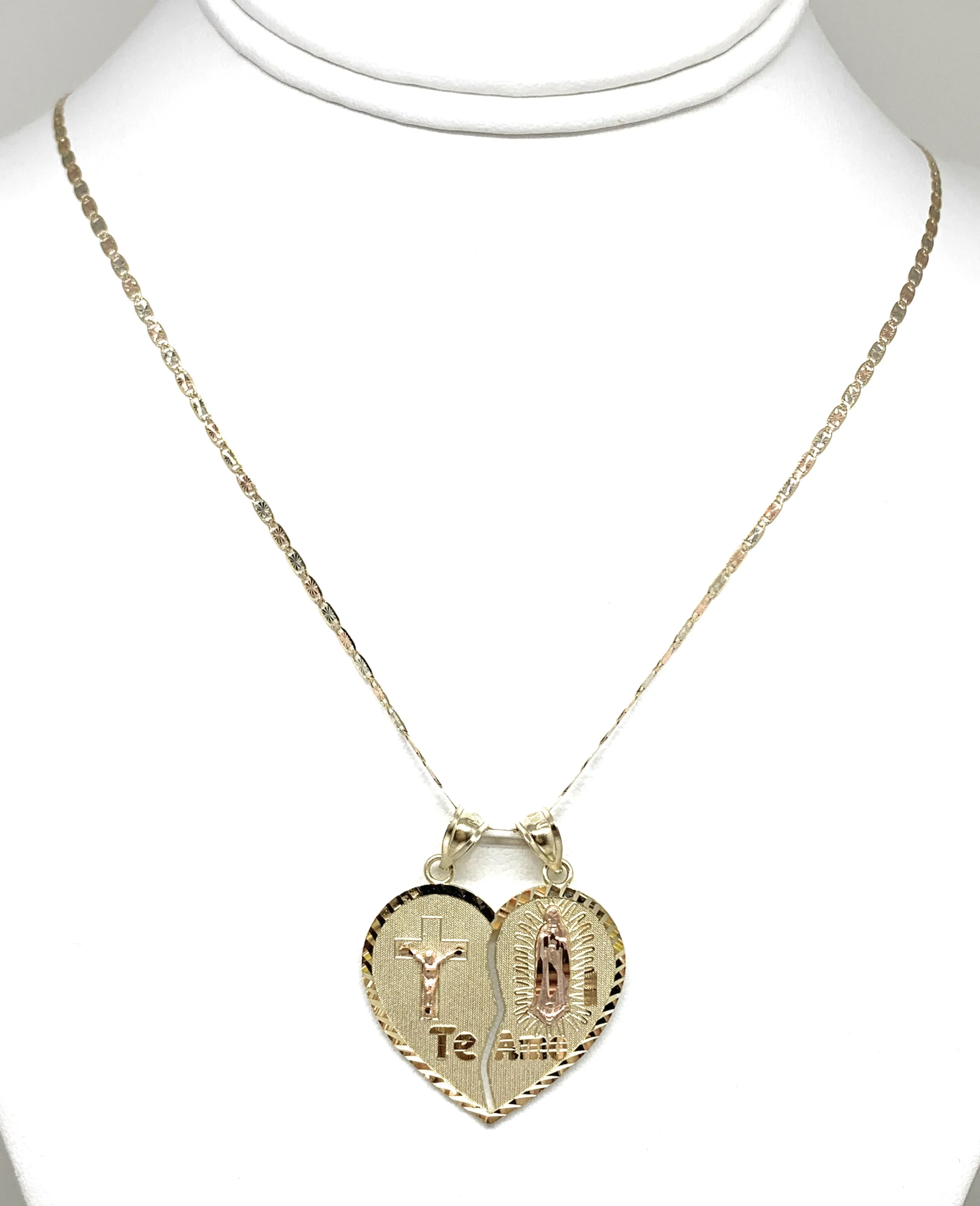 14k Solid Gold Yellow & Rose Gold Virrgin Mary Jesus Cristo Te Amo Heart Split Pendant (LG,MED)