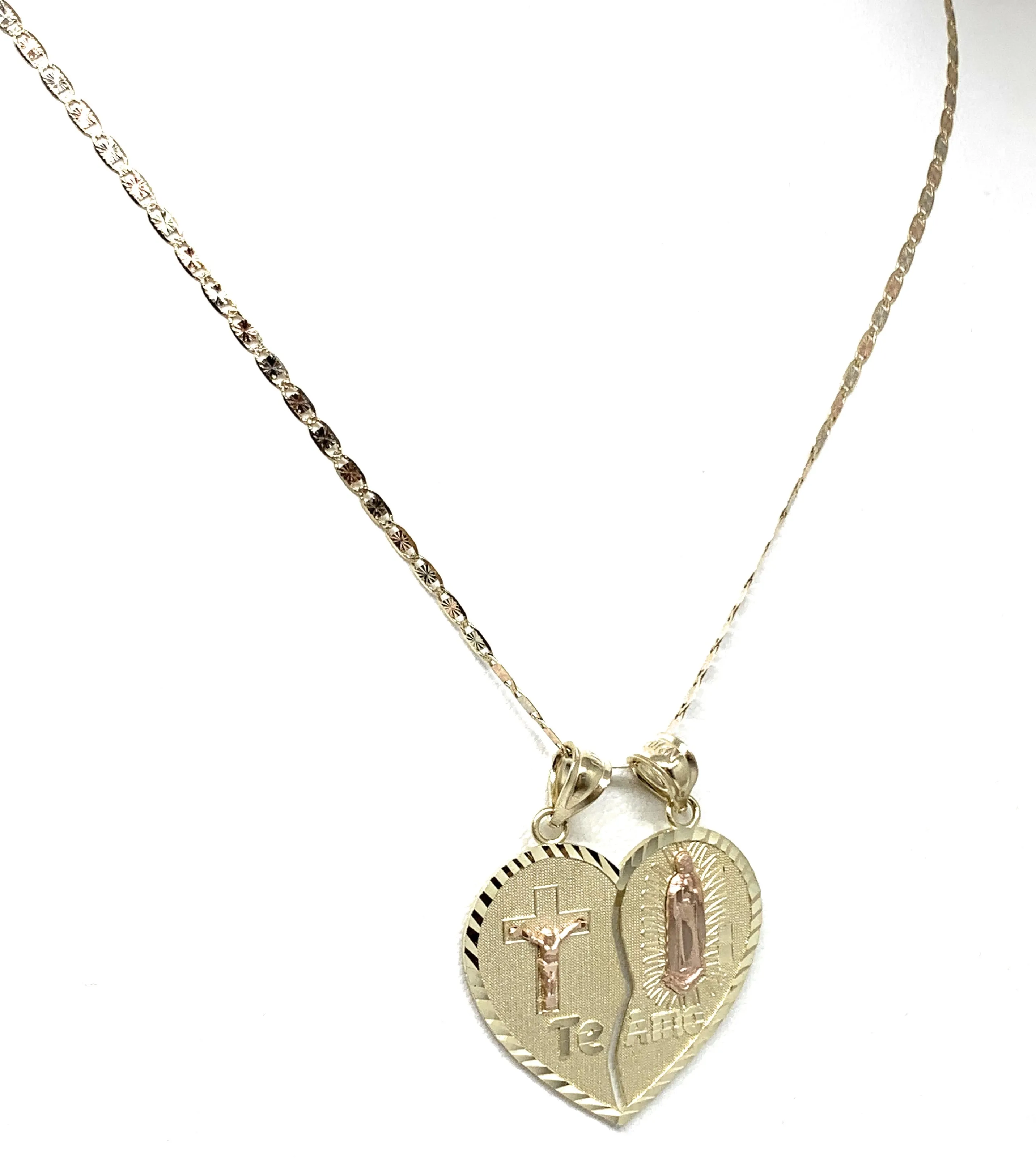 14k Solid Gold Yellow & Rose Gold Virrgin Mary Jesus Cristo Te Amo Heart Split Pendant (LG,MED)