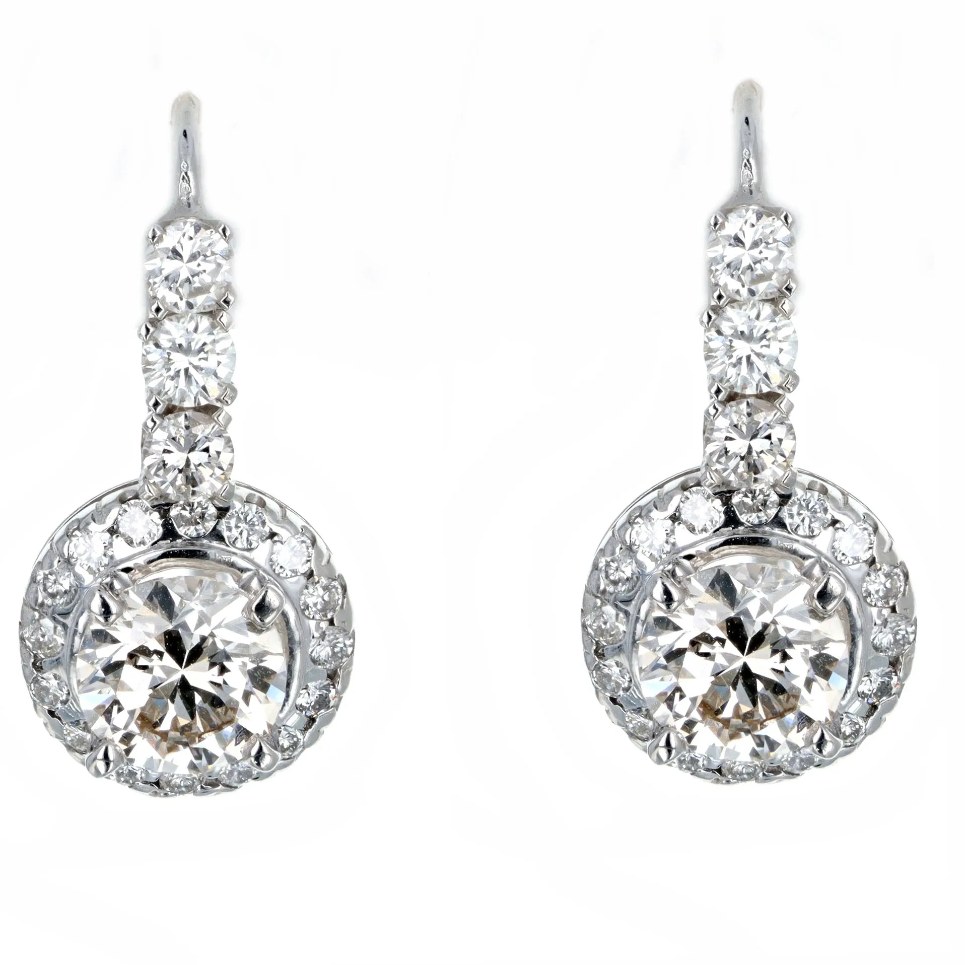 2.45 Carat Total Weight Round Brilliant Diamond Halo Drop Earrings in 18K White Gold