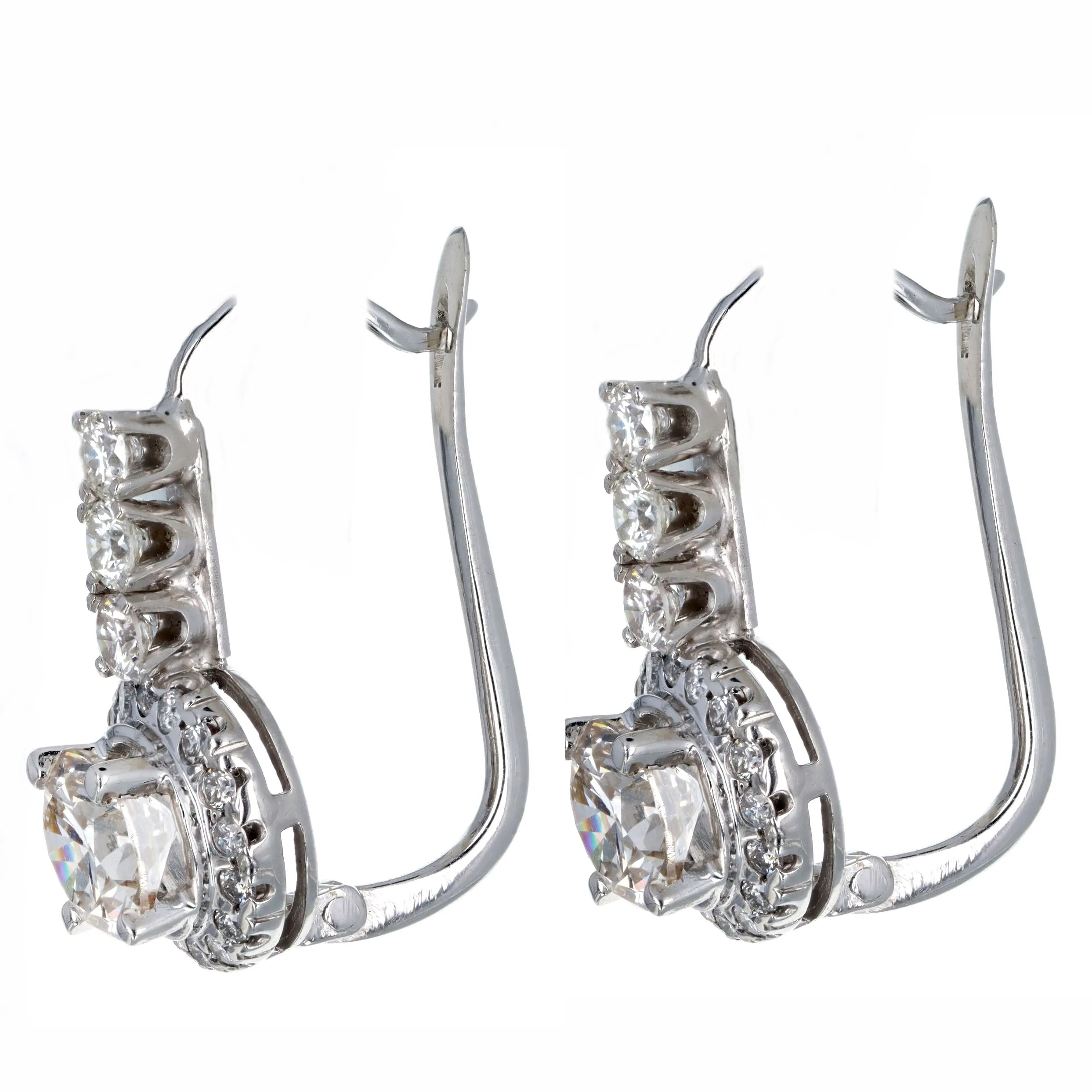 2.45 Carat Total Weight Round Brilliant Diamond Halo Drop Earrings in 18K White Gold