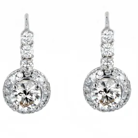 2.45 Carat Total Weight Round Brilliant Diamond Halo Drop Earrings in 18K White Gold