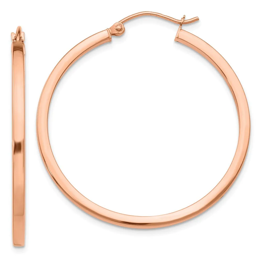 2mm x 35mm Polished 14k Rose Gold Square Tube Round Hoop Earrings