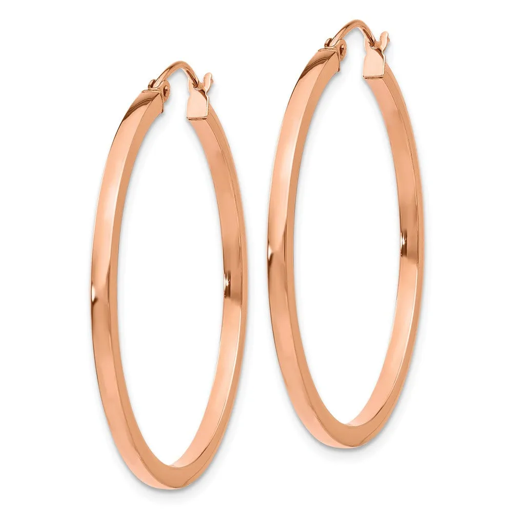 2mm x 35mm Polished 14k Rose Gold Square Tube Round Hoop Earrings