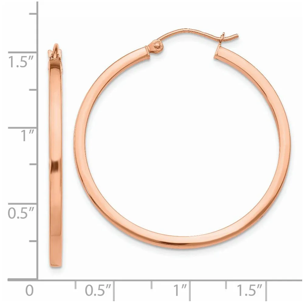 2mm x 35mm Polished 14k Rose Gold Square Tube Round Hoop Earrings