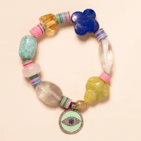 African Vinyl, Lapis, Rose Quartz, Quartz, Jasper Turquoise, Jade, with Enamel/Diamond/Sapphire Charm Bloom Bracelet