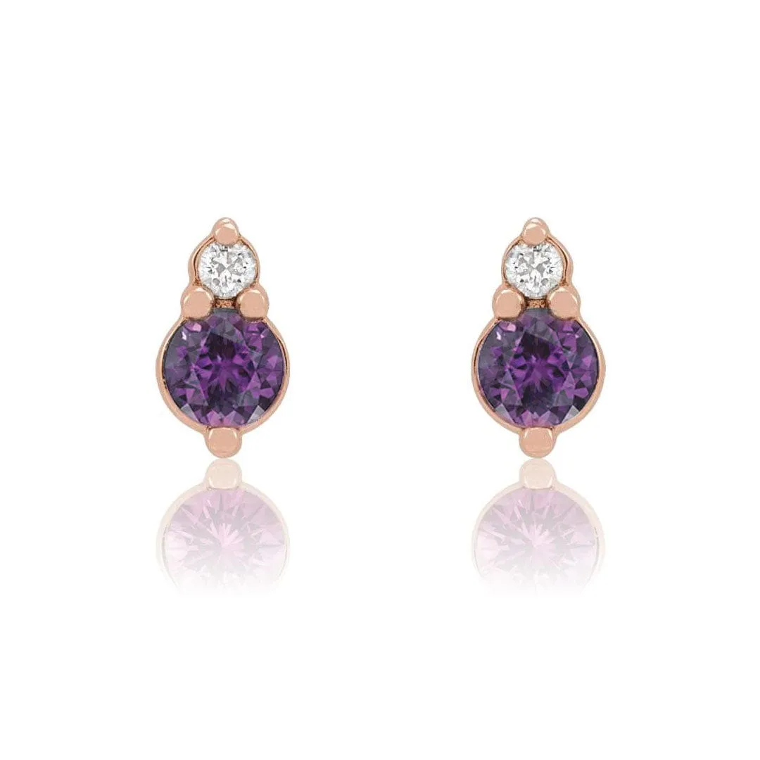 Alexandrite 14k Rose Gold Stud Earrings With Lab Diamond Accent, Ready to Ship