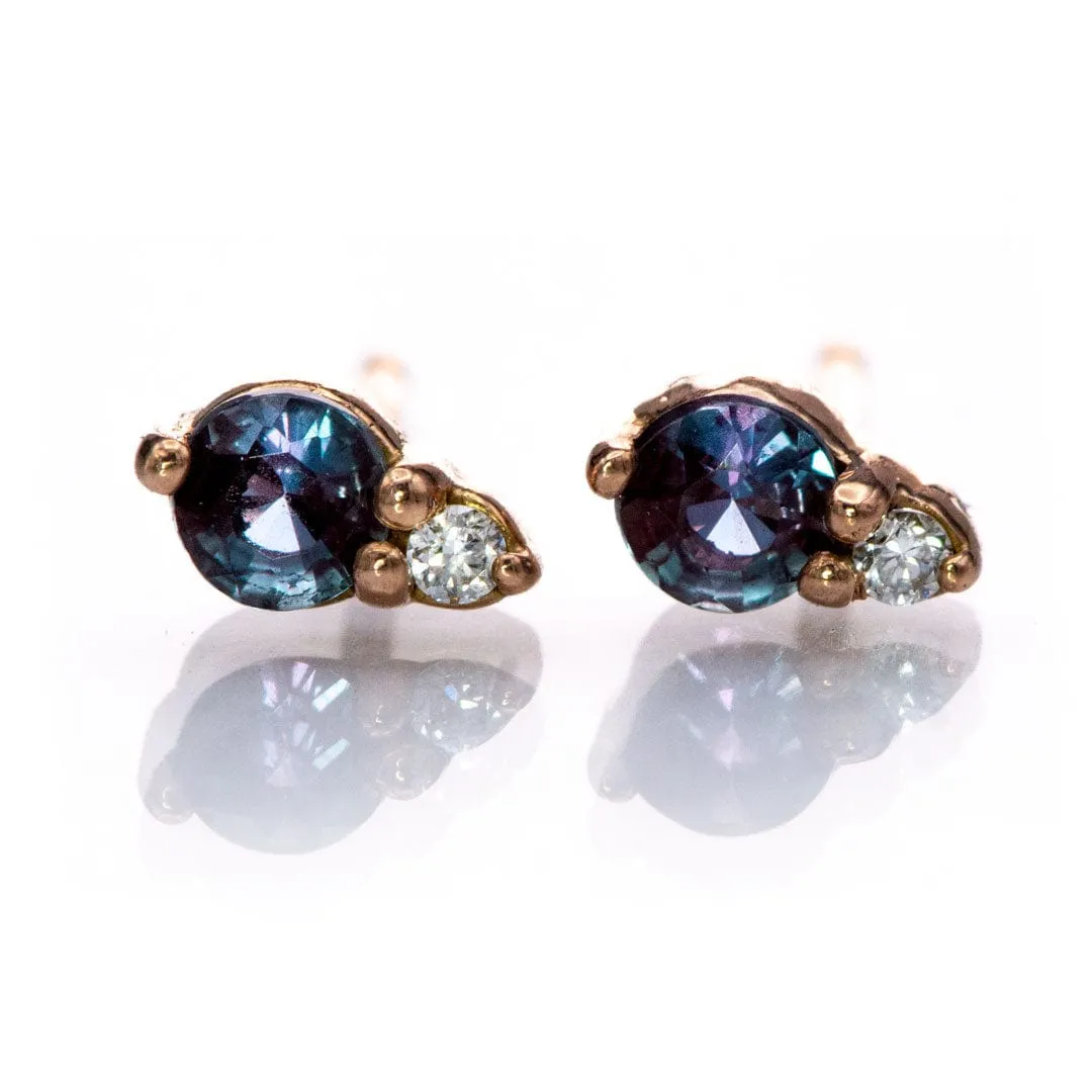 Alexandrite 14k Rose Gold Stud Earrings With Lab Diamond Accent, Ready to Ship