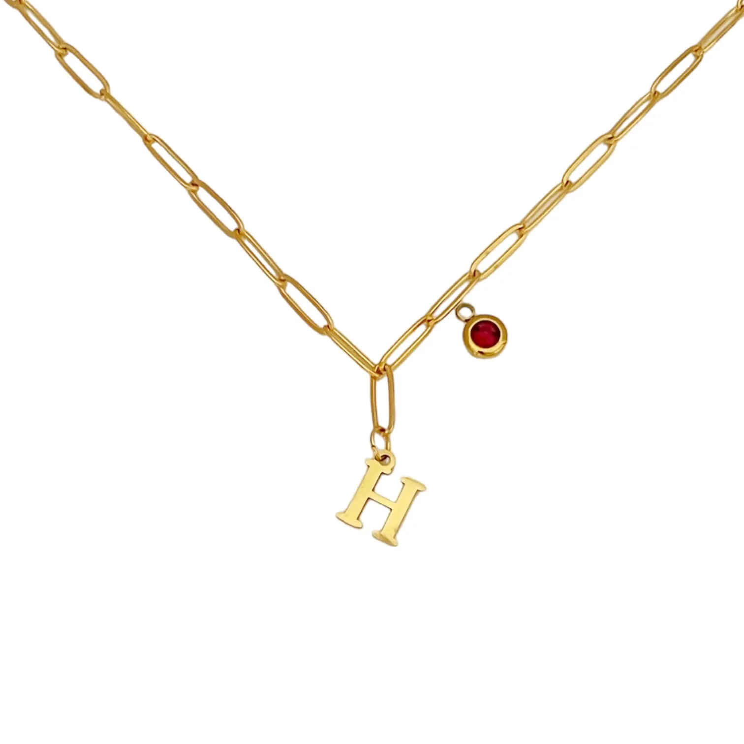 Alphabet Birthstone Paperclip Necklace Gold (H-N)