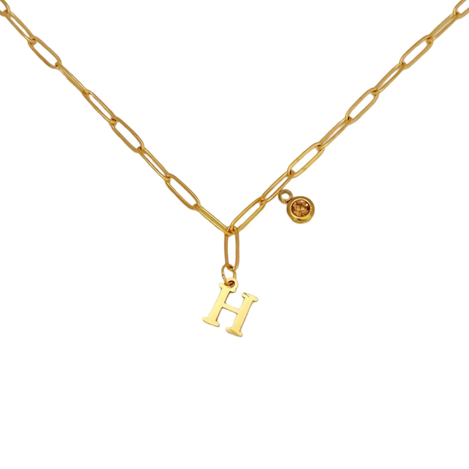 Alphabet Birthstone Paperclip Necklace Gold (H-N)