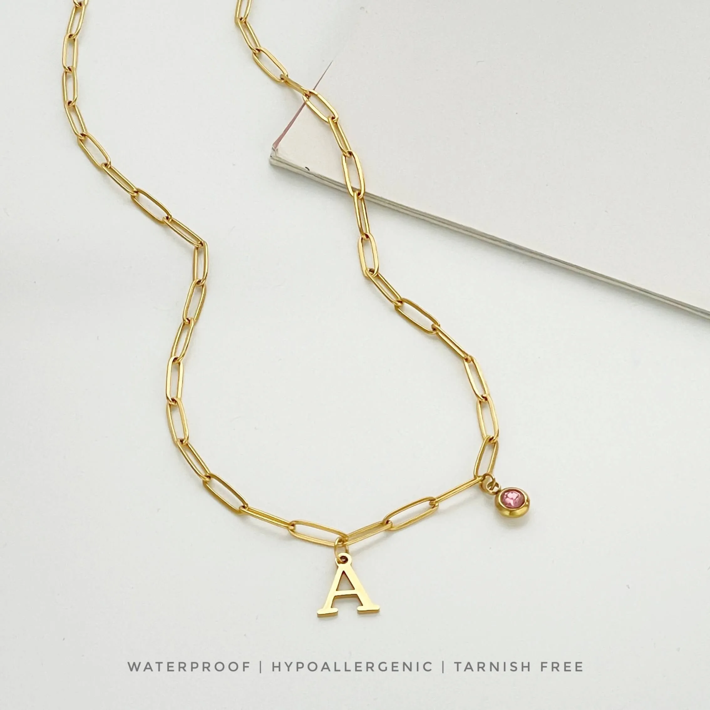 Alphabet Birthstone Paperclip Necklace Gold (H-N)