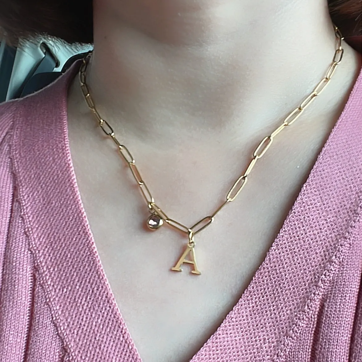 Alphabet Birthstone Paperclip Necklace Gold (H-N)