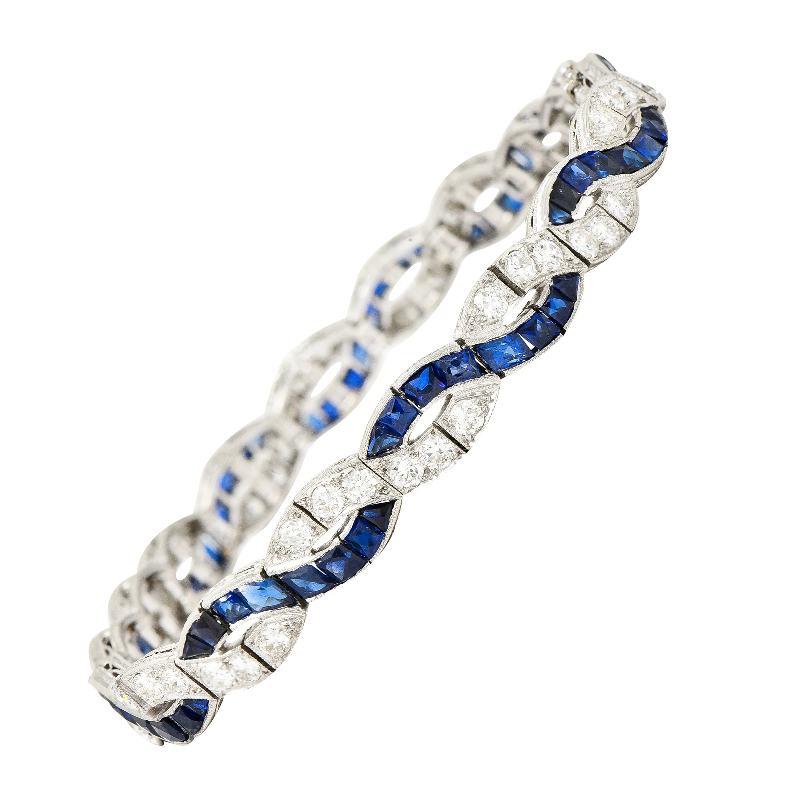 Art Deco 9.27 CTW French Cut Sapphire Diamond Platinum Braided Ribbon Gemstone Line Bracelet