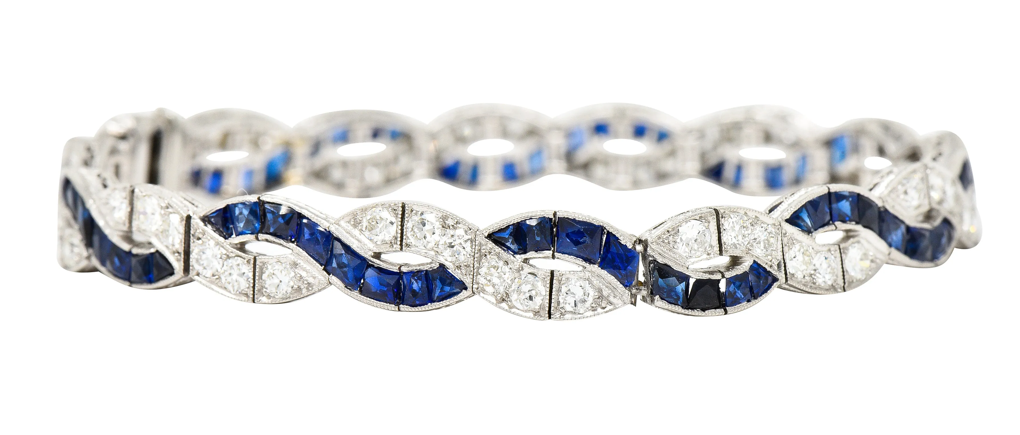 Art Deco 9.27 CTW French Cut Sapphire Diamond Platinum Braided Ribbon Gemstone Line Bracelet