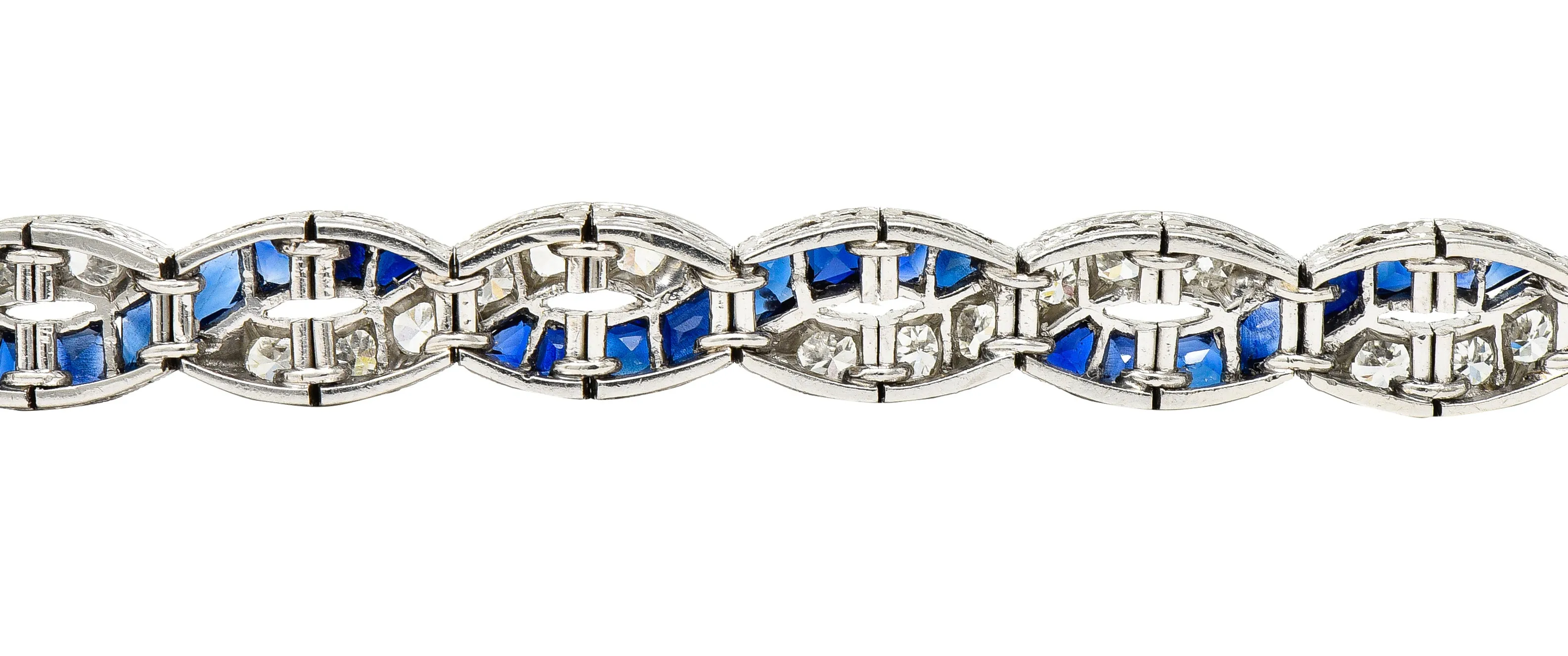 Art Deco 9.27 CTW French Cut Sapphire Diamond Platinum Braided Ribbon Gemstone Line Bracelet