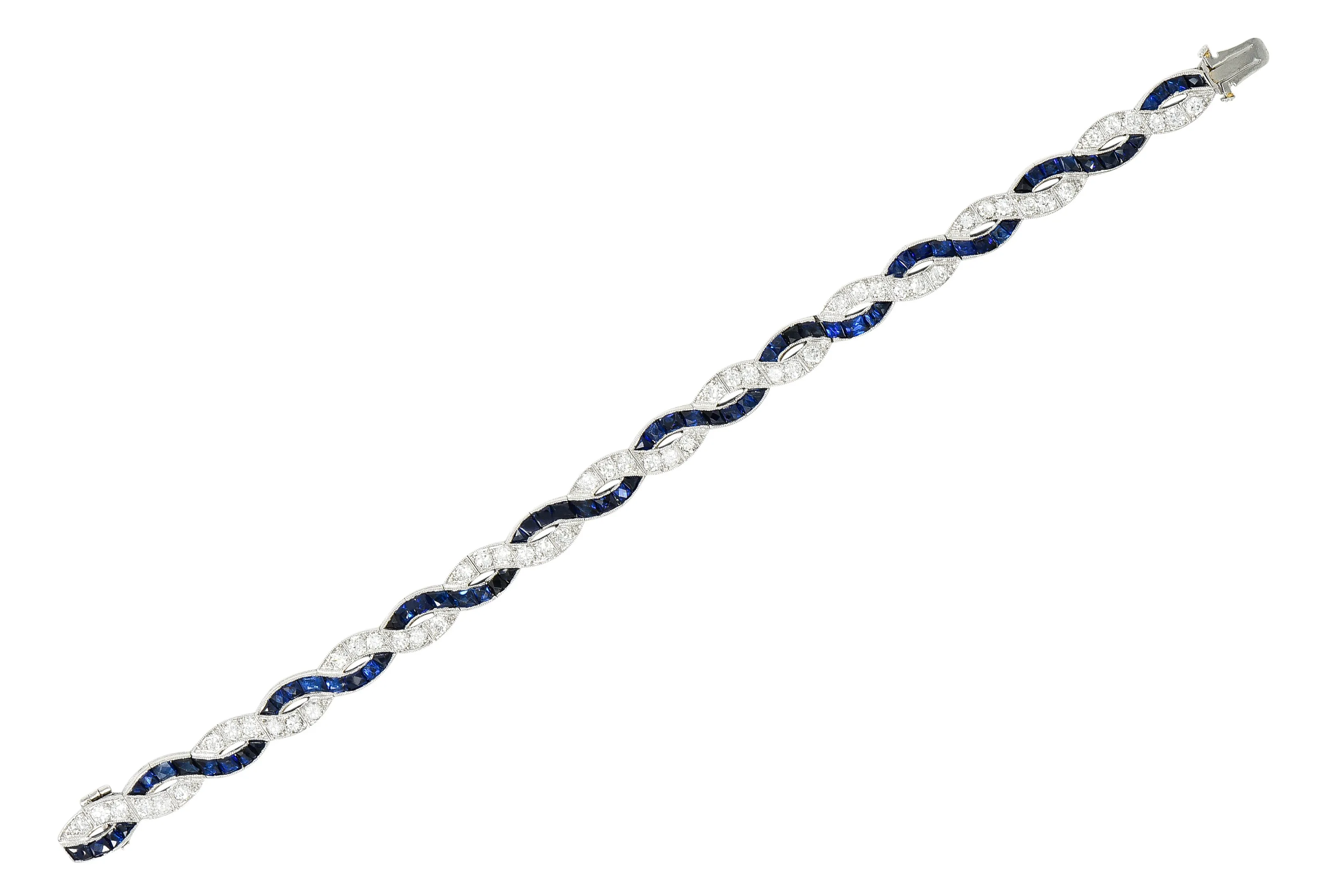 Art Deco 9.27 CTW French Cut Sapphire Diamond Platinum Braided Ribbon Gemstone Line Bracelet