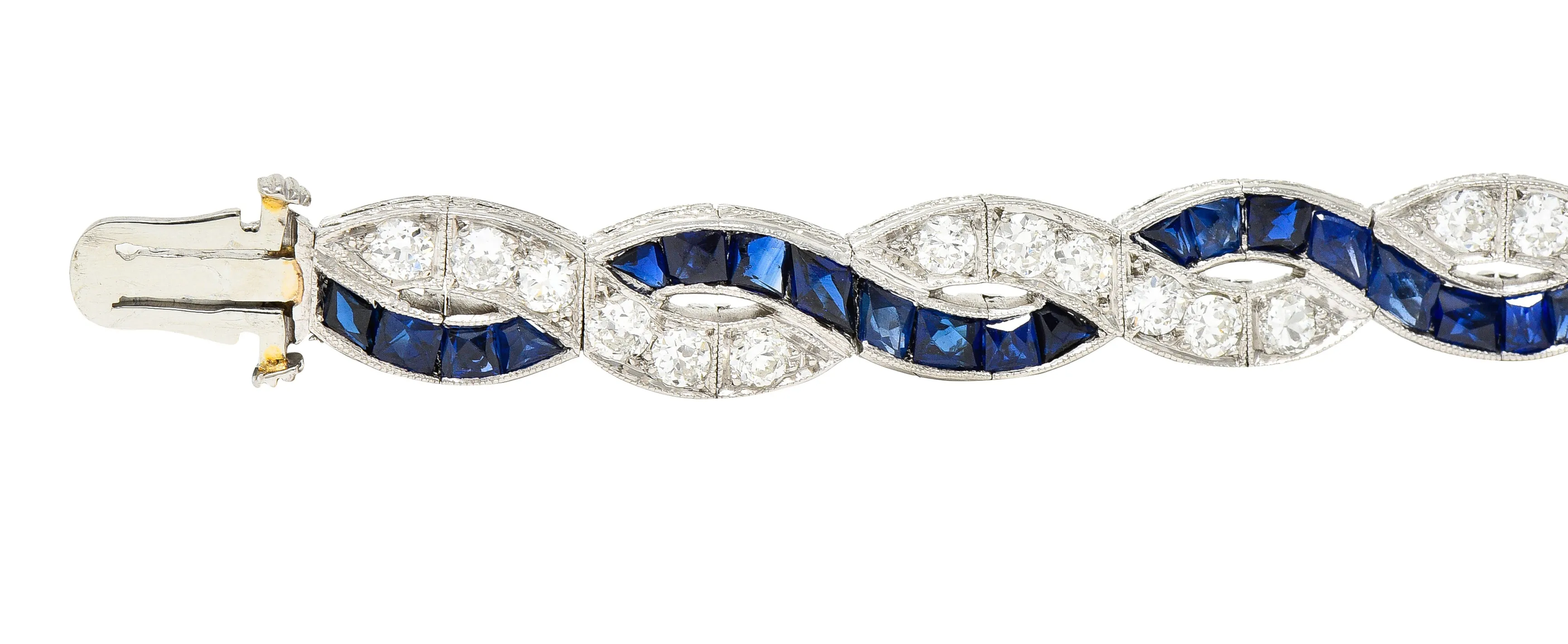 Art Deco 9.27 CTW French Cut Sapphire Diamond Platinum Braided Ribbon Gemstone Line Bracelet