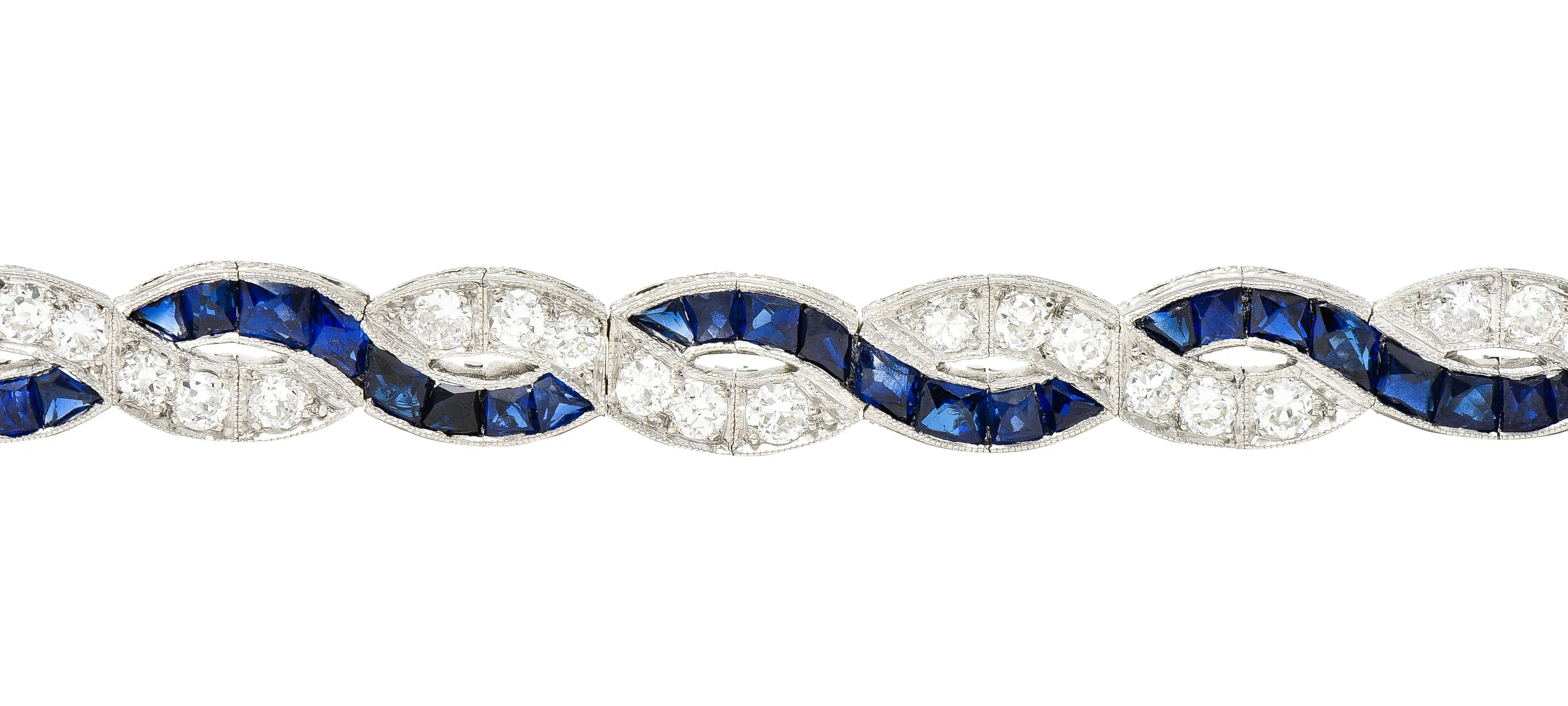 Art Deco 9.27 CTW French Cut Sapphire Diamond Platinum Braided Ribbon Gemstone Line Bracelet