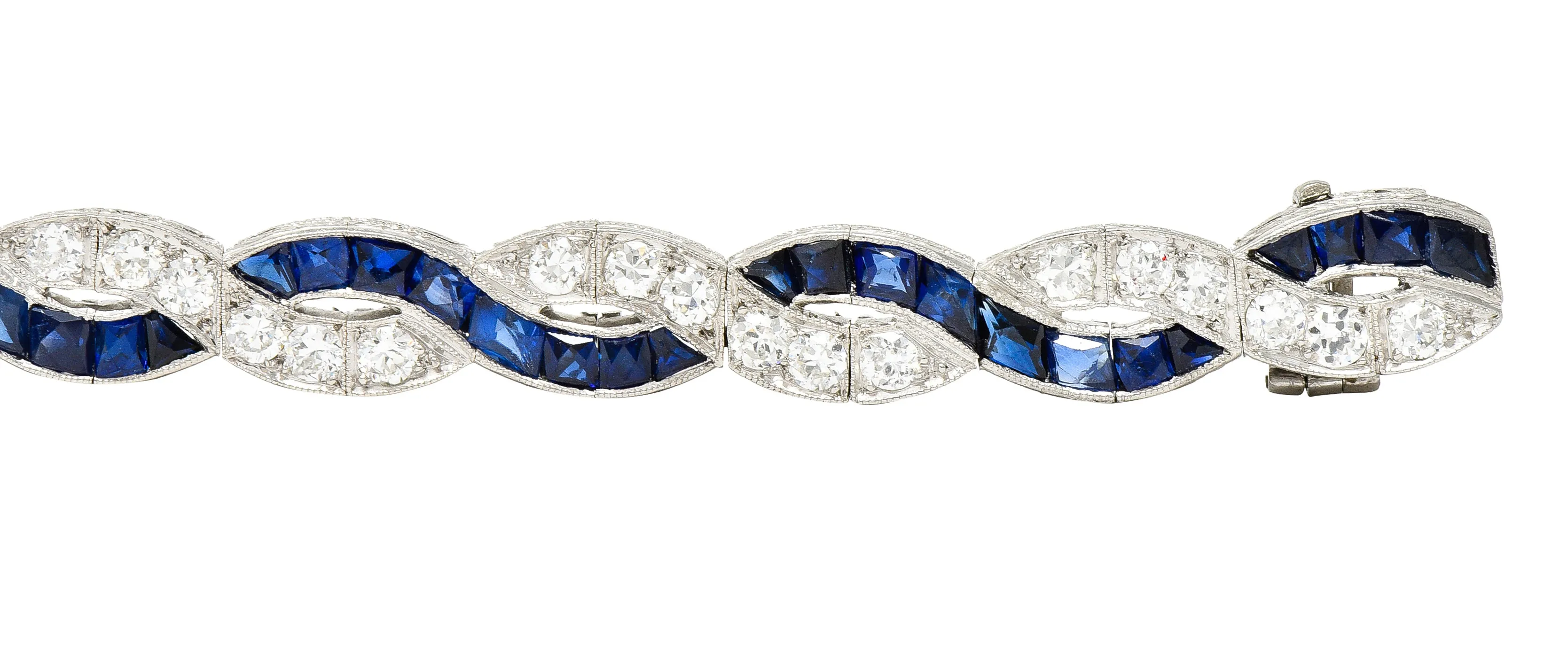 Art Deco 9.27 CTW French Cut Sapphire Diamond Platinum Braided Ribbon Gemstone Line Bracelet