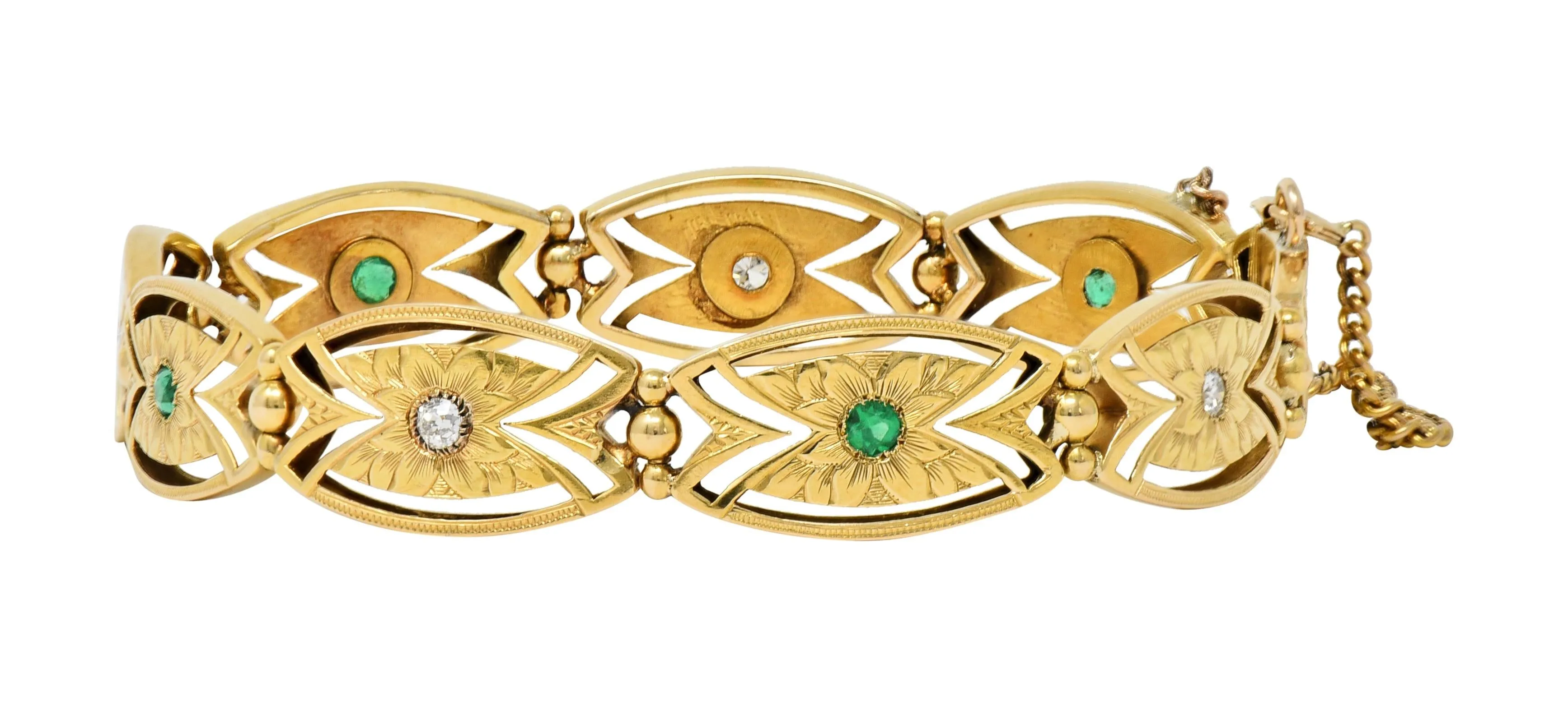 Art Nouveau 0.68 CTW Diamond Emerald 14 Karat Yellow Gold Floral Navette Link Antique Bracelet