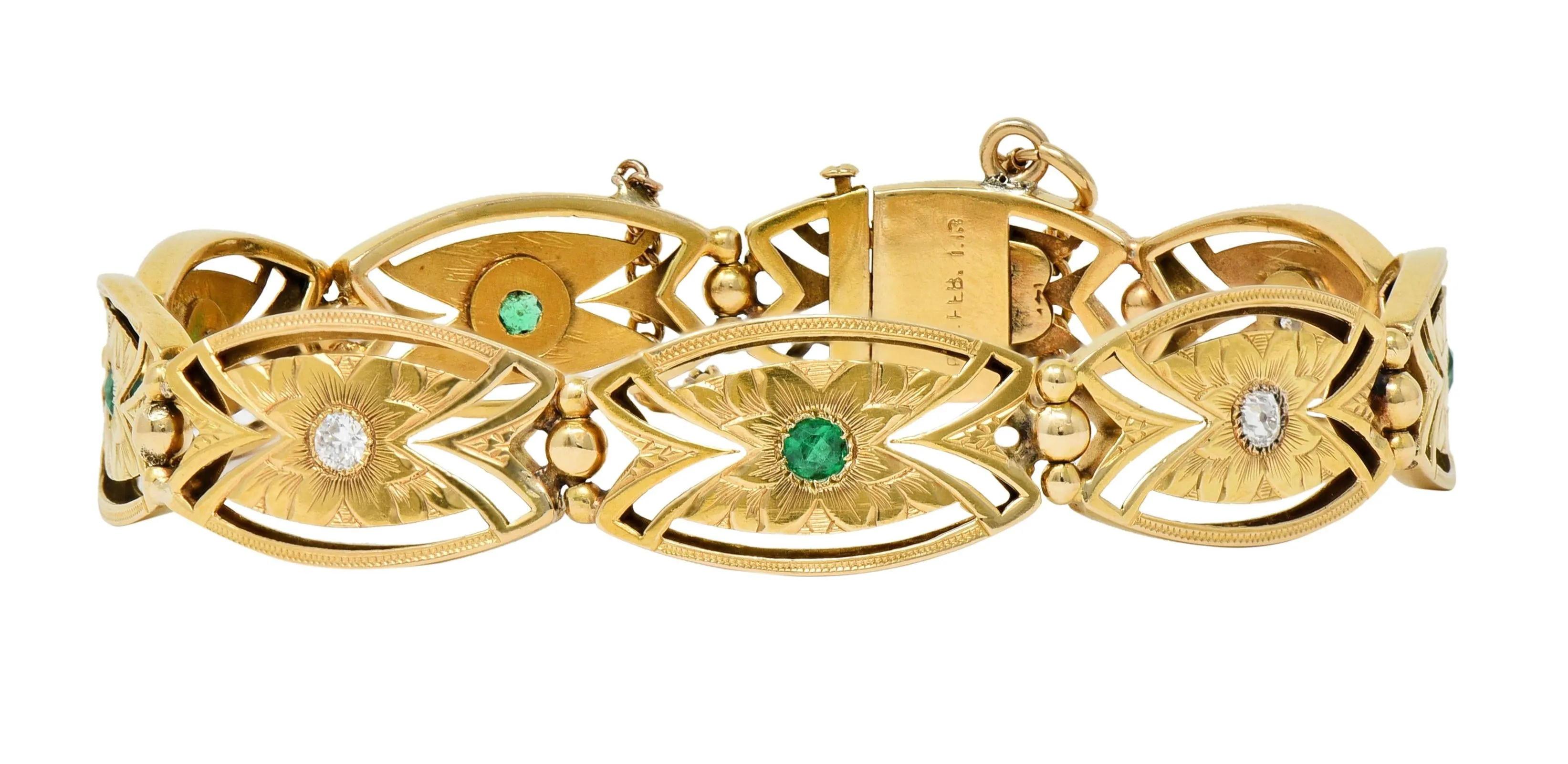 Art Nouveau 0.68 CTW Diamond Emerald 14 Karat Yellow Gold Floral Navette Link Antique Bracelet