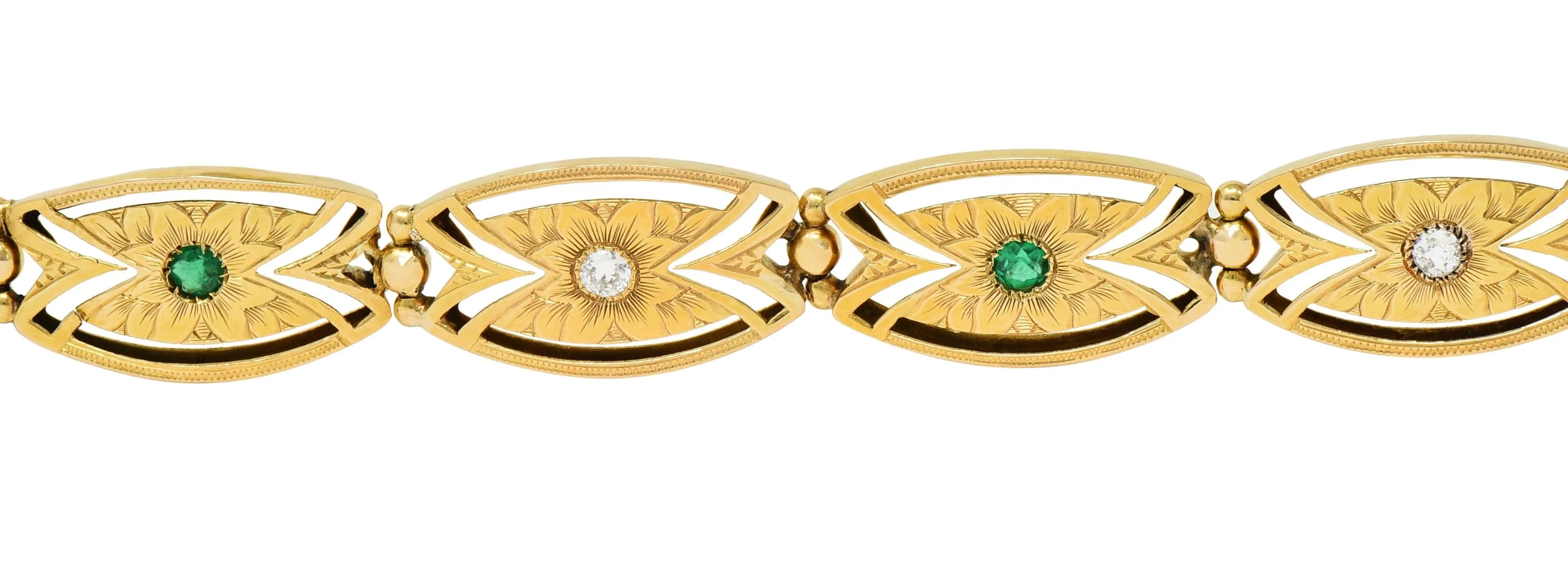 Art Nouveau 0.68 CTW Diamond Emerald 14 Karat Yellow Gold Floral Navette Link Antique Bracelet