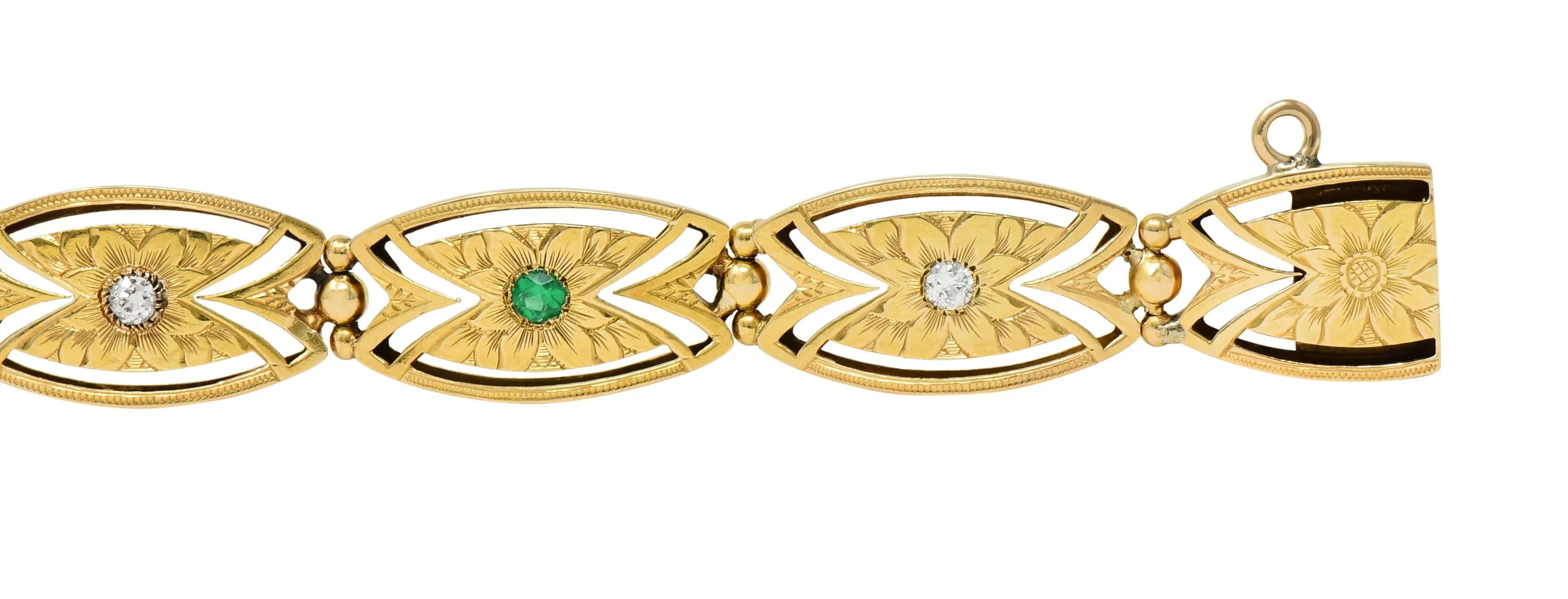 Art Nouveau 0.68 CTW Diamond Emerald 14 Karat Yellow Gold Floral Navette Link Antique Bracelet