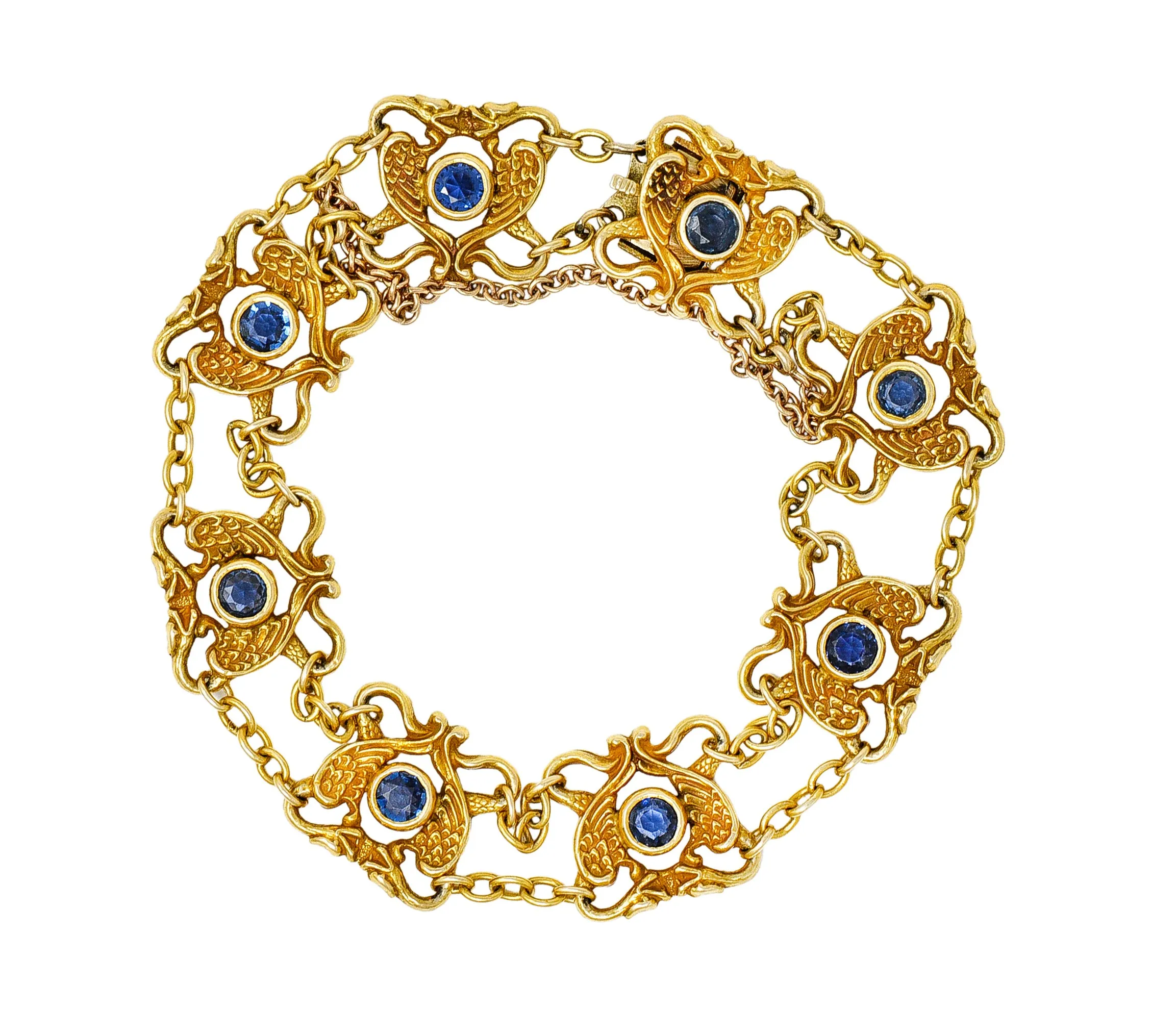 Art Nouveau 2.25 CTW Sapphire 18 Karat Yellow Gold Serpent Dragon Link Bracelet