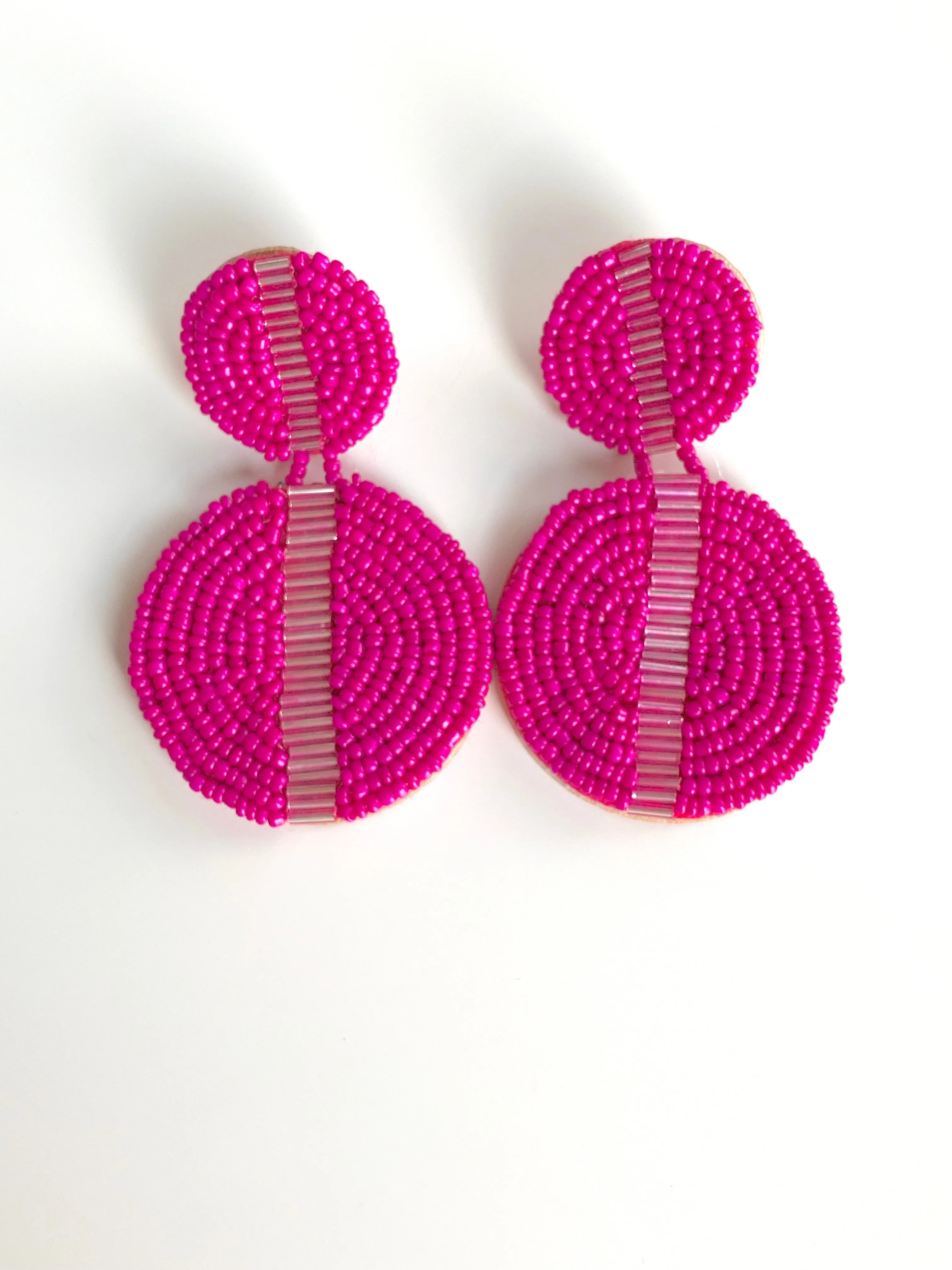 Beaded Double Disc Statement Earrings in Fuschia