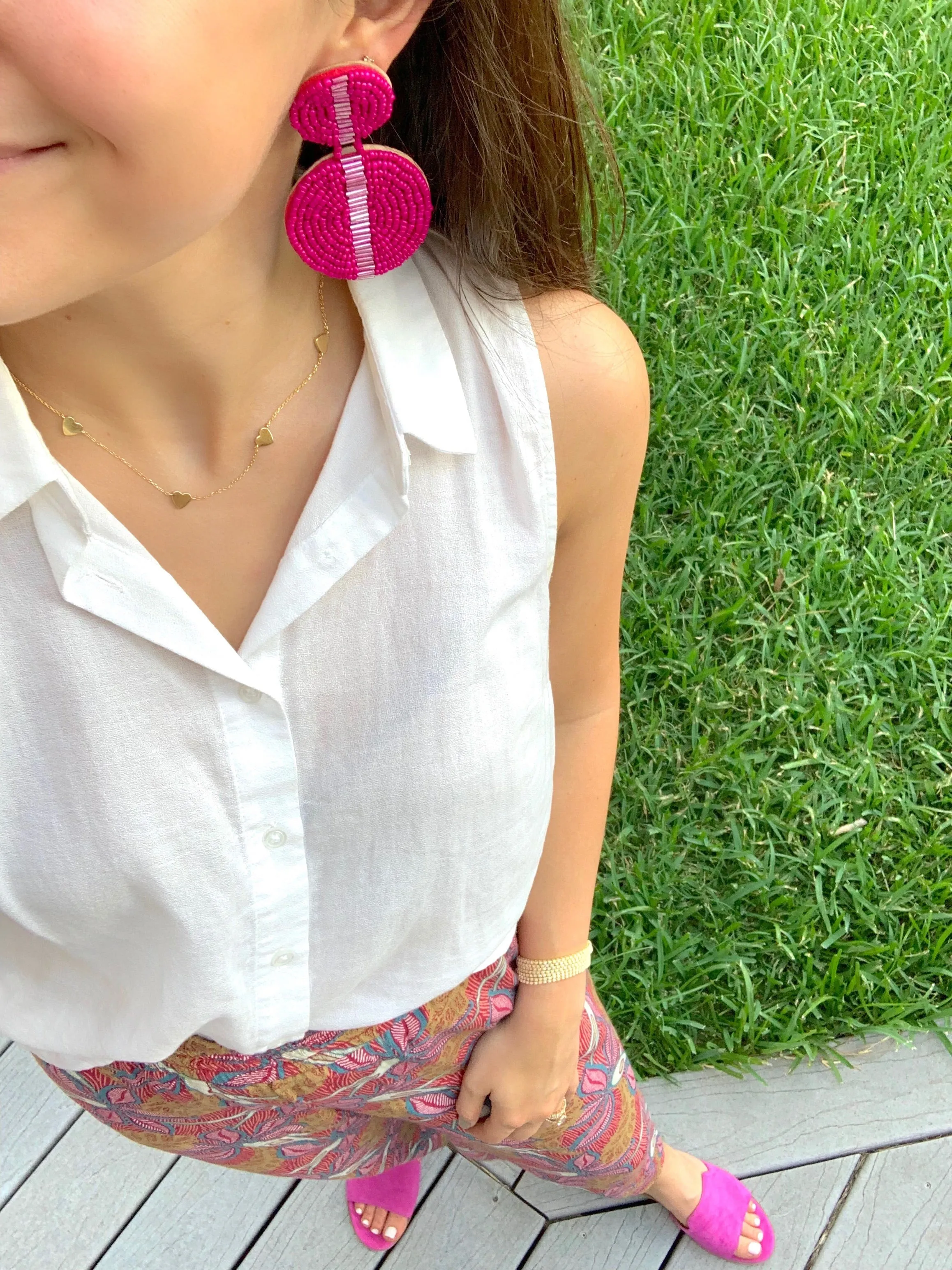 Beaded Double Disc Statement Earrings in Fuschia