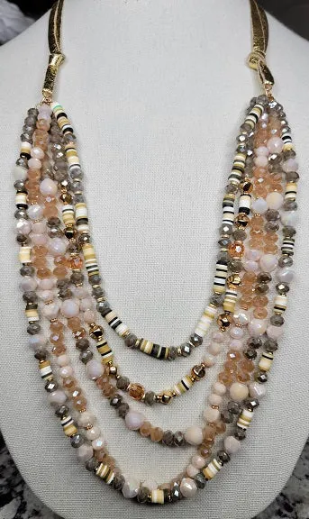 Beautiful Beige Earth Tones Crystal Beaded Necklace 5 strands