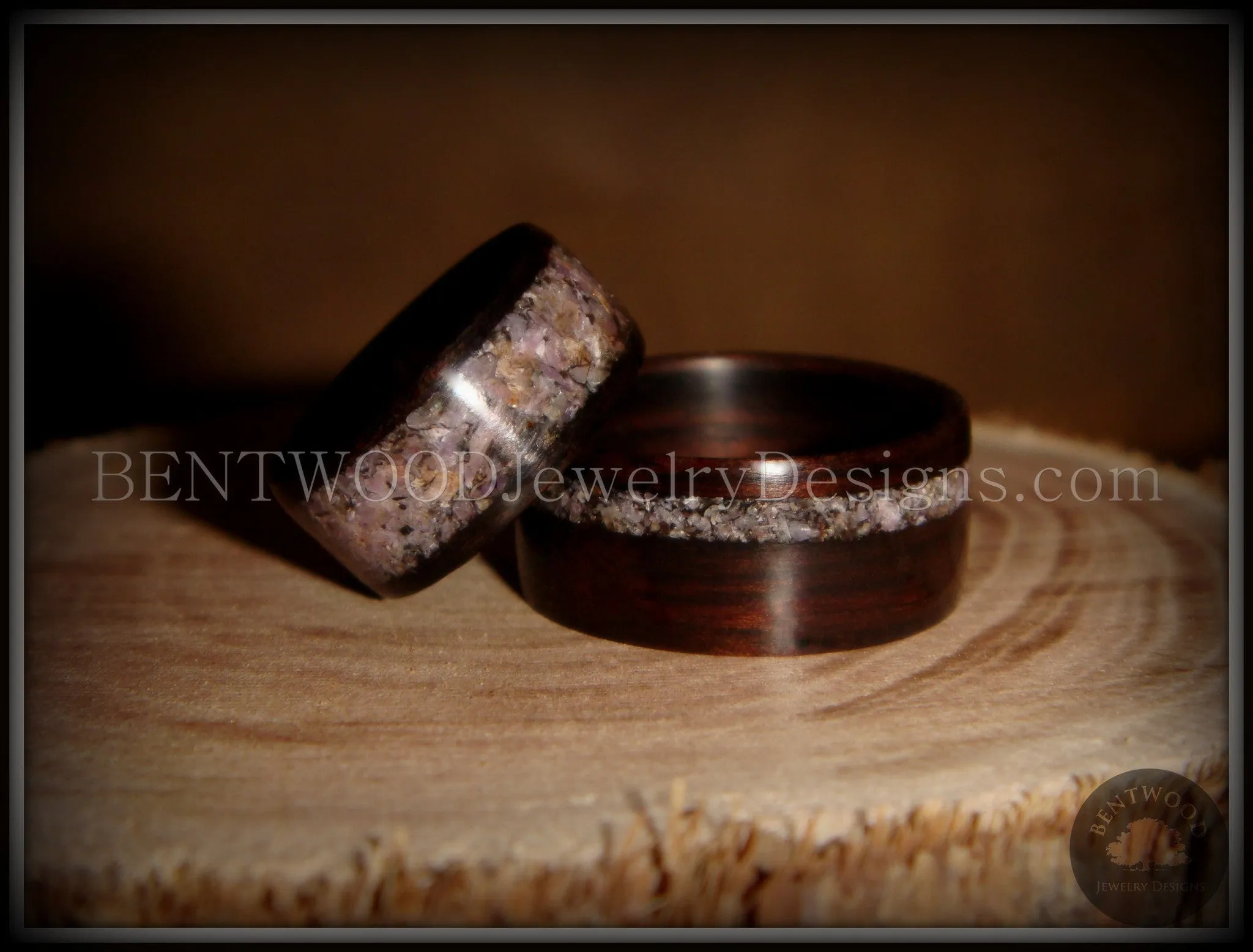 Bentwood Rings Set - Grounded Pair Macassar Ebony Wood Rings with Charoite Inlay