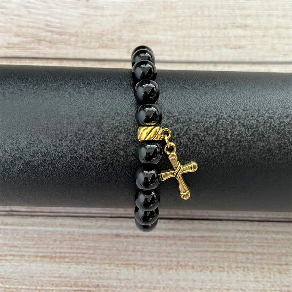 Black Onyx Mens Beaded Bracelet with Gold Cross Charm